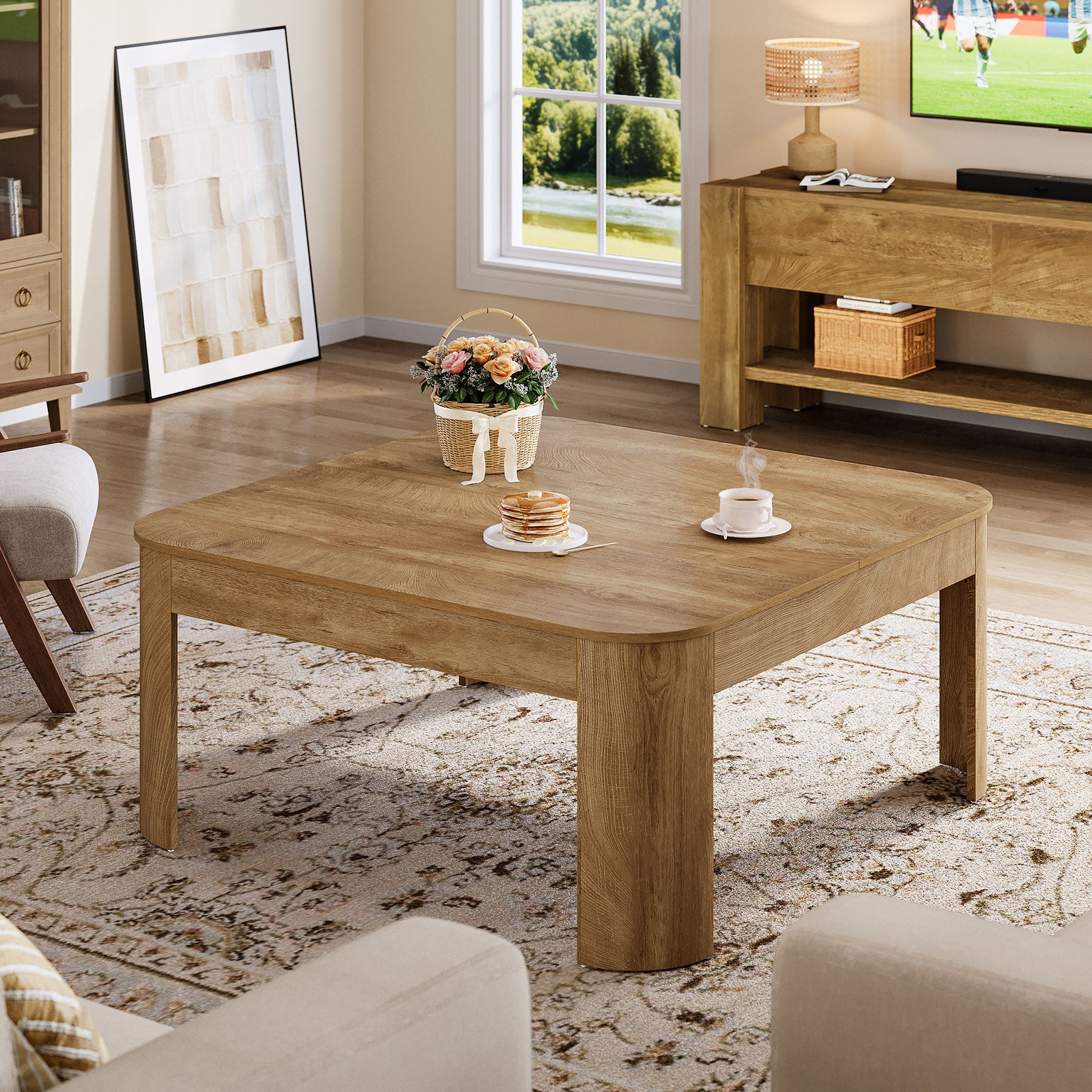 Quadratischer Couchtisch 100 cm im Landhausstil, Wohnzimmertisch mit stabilen geschwungenen Beinen