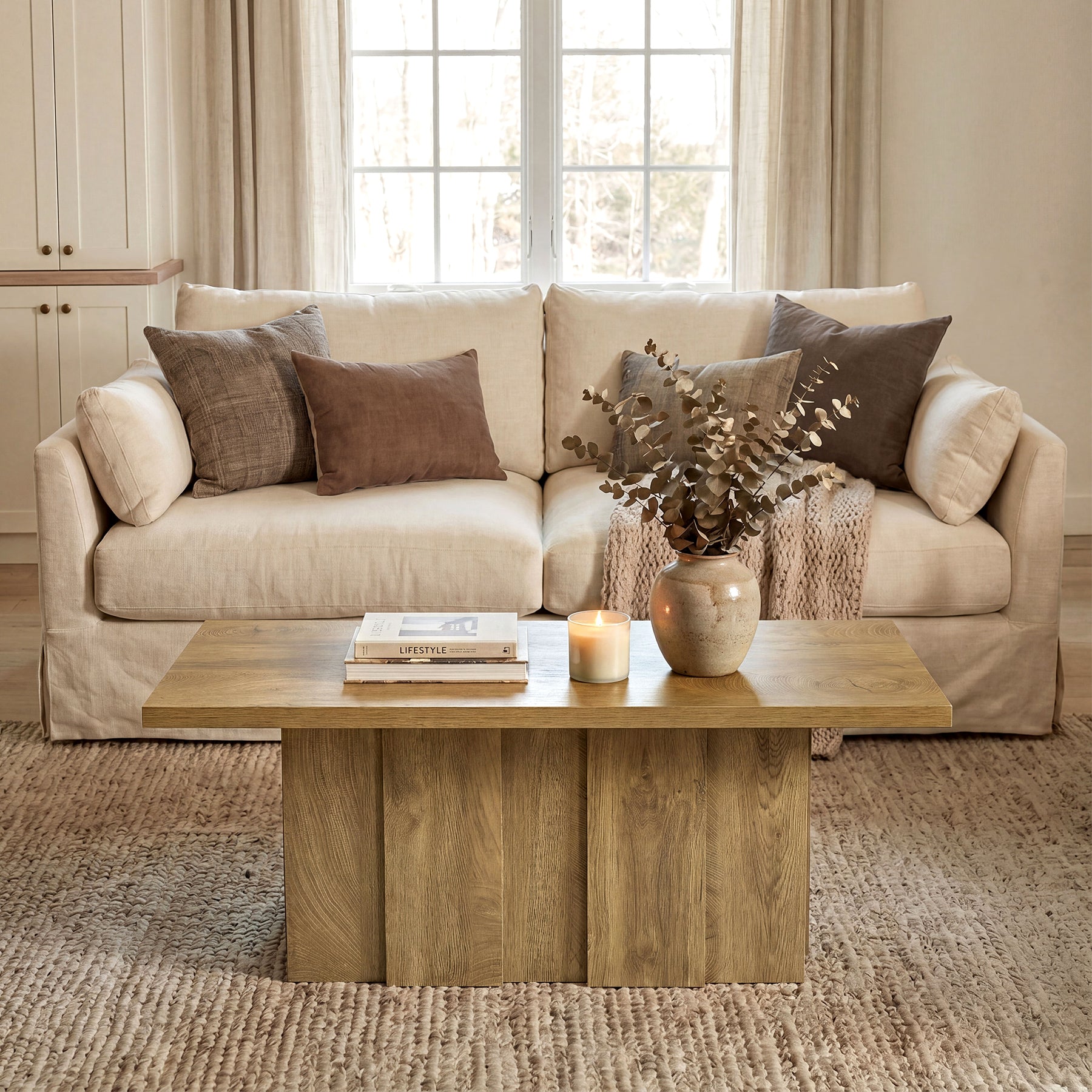 Tribesigns Couchtisch 120 cm, Rechteckiger Wohnzimmertisch im modernen Landhausstil mit Geriffeltem Sockel