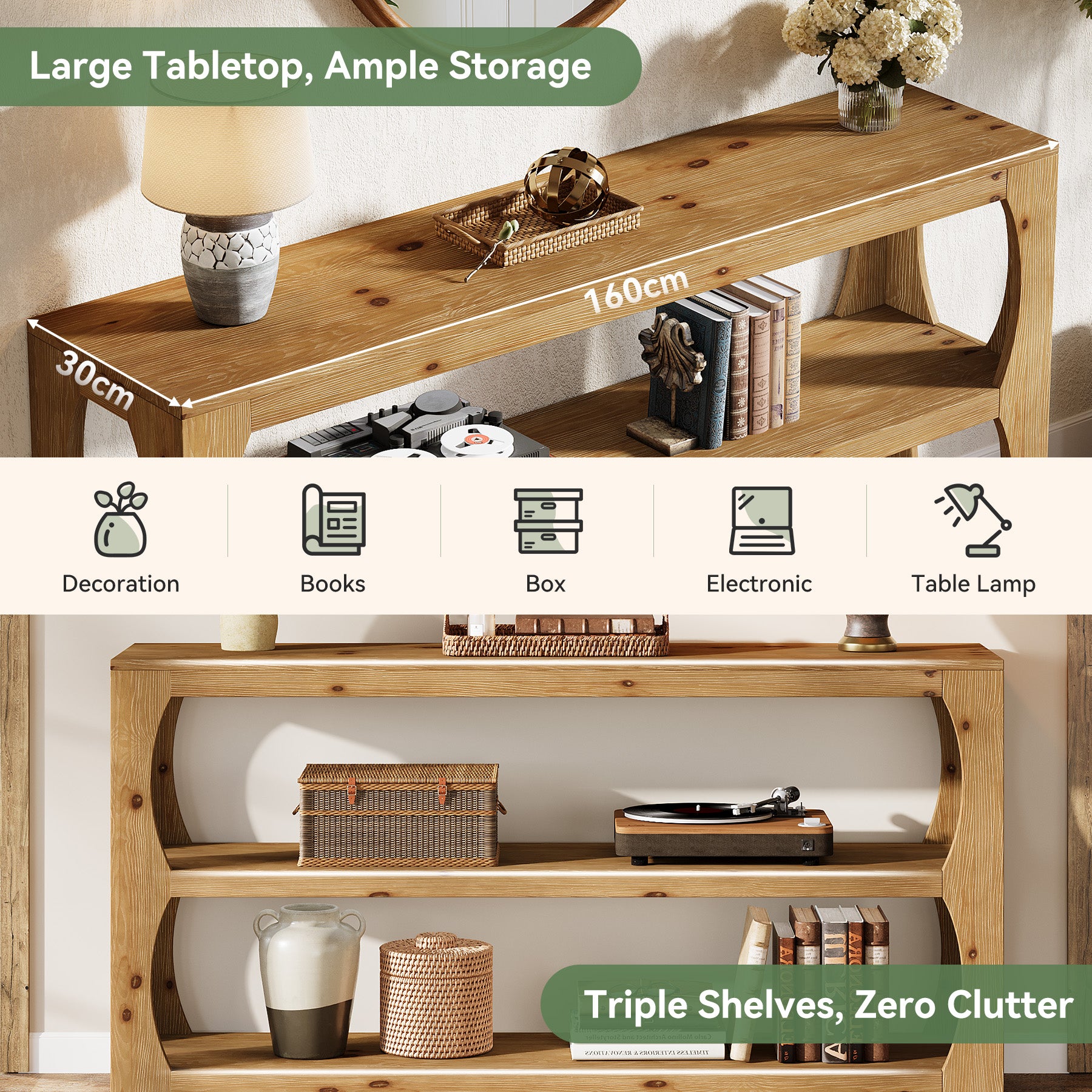 Konsolentisch 160 cm aus massivem Tannenholz, schmaler Flurtisch mit 3 Ebenen, Landhausstil für Flur, Wohnzimmer