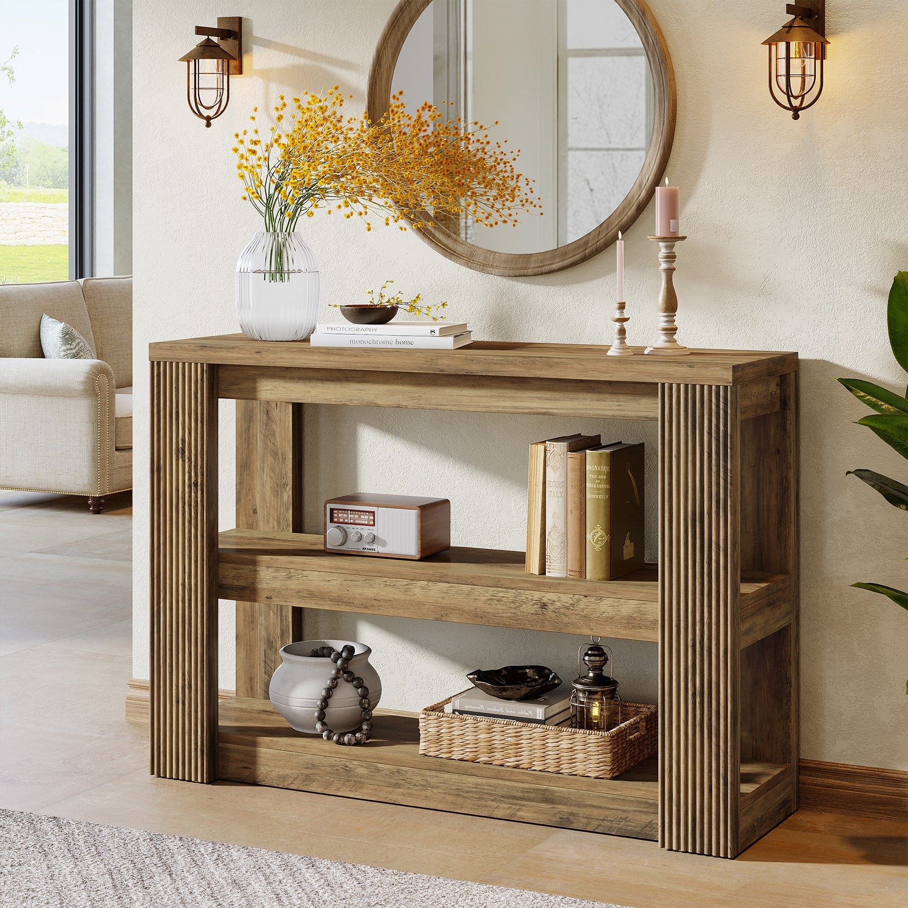 Tribesigns Schmaler Konsolentisch 105 cm – 3-stufiger Landhaus Flurtisch mit Ablagen, Sofatisch für Eingangsbereich & Wohnzimmer