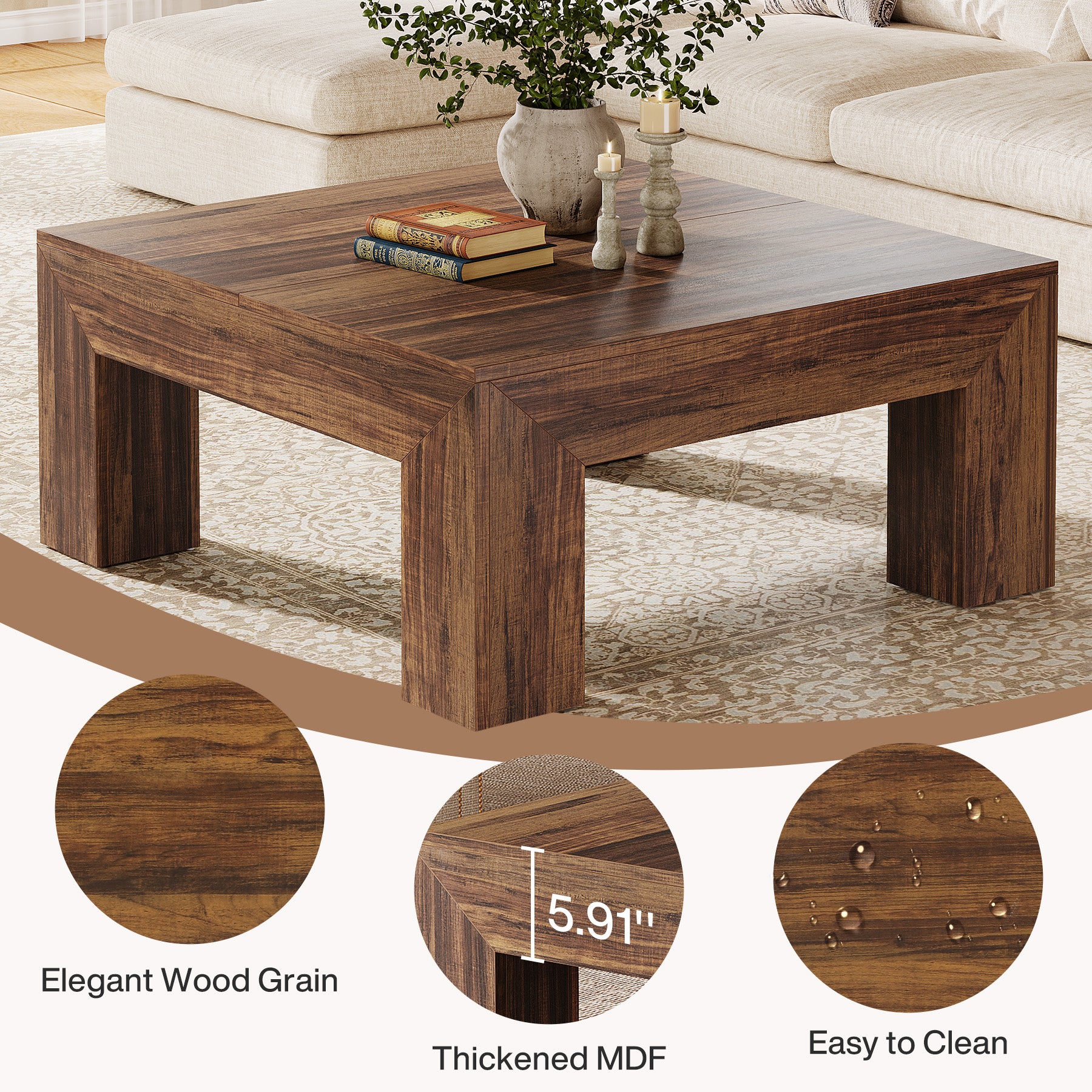 100 cm Quadratischer Couchtisch, Wohnzimmertisch aus Holz mit robusten Beinen für Sofa & Schlafzimmer
