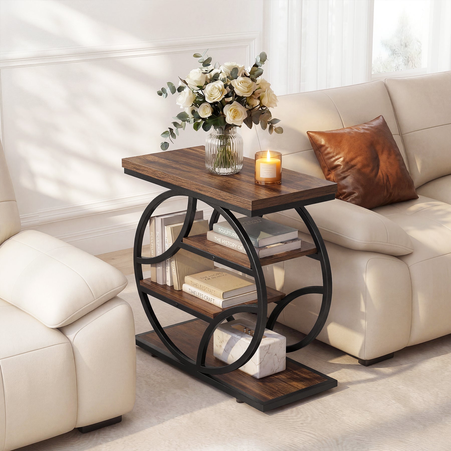 Tribesigns 4-stufiger Beistelltisch, schmaler Sofatisch mit Metallrahmen & Ablagen, industrieller Nachttisch