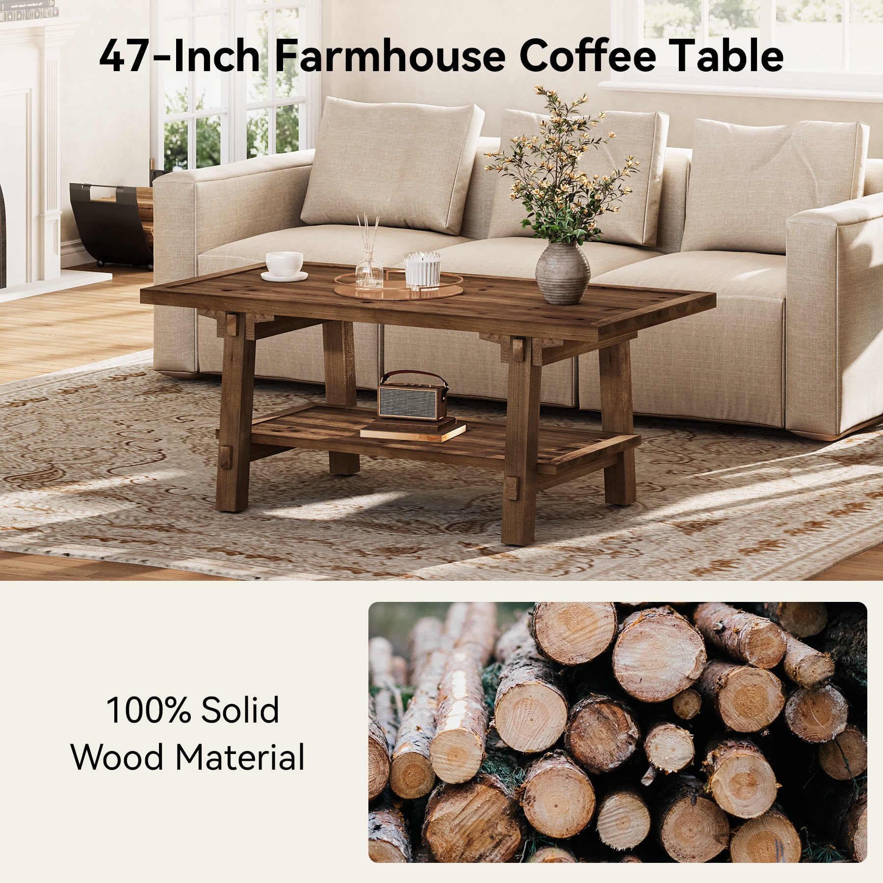 Tribesigns Couchtisch aus Massivholz 120 cm, Rechteckiger Wohnzimmertisch im Landhausstil mit 2 Ablagen