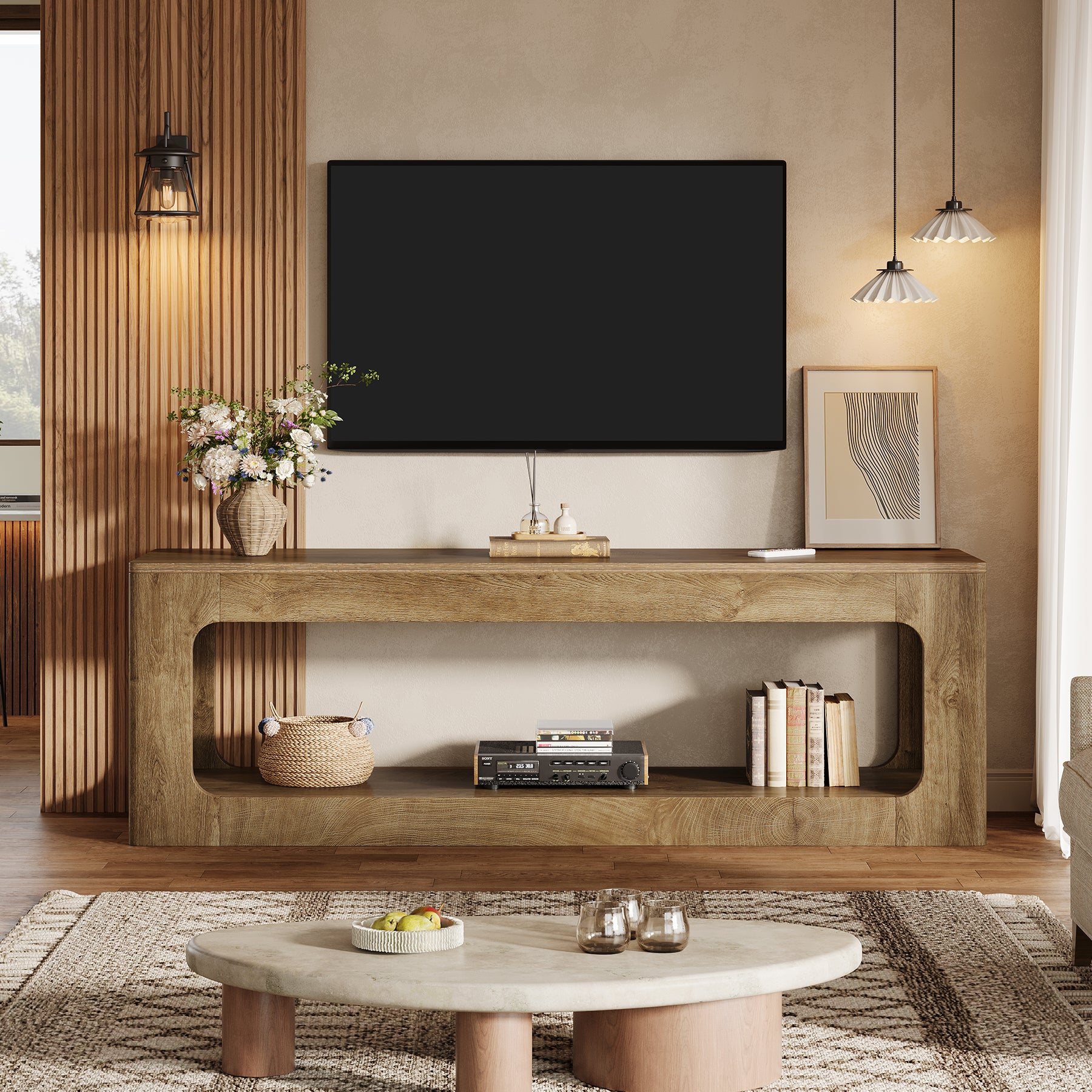 Tribesigns TV-Lowboard 160 cm im Landhausstil, TV-Schrank für 55–75 Zoll Fernseher mit 2 Ebenen