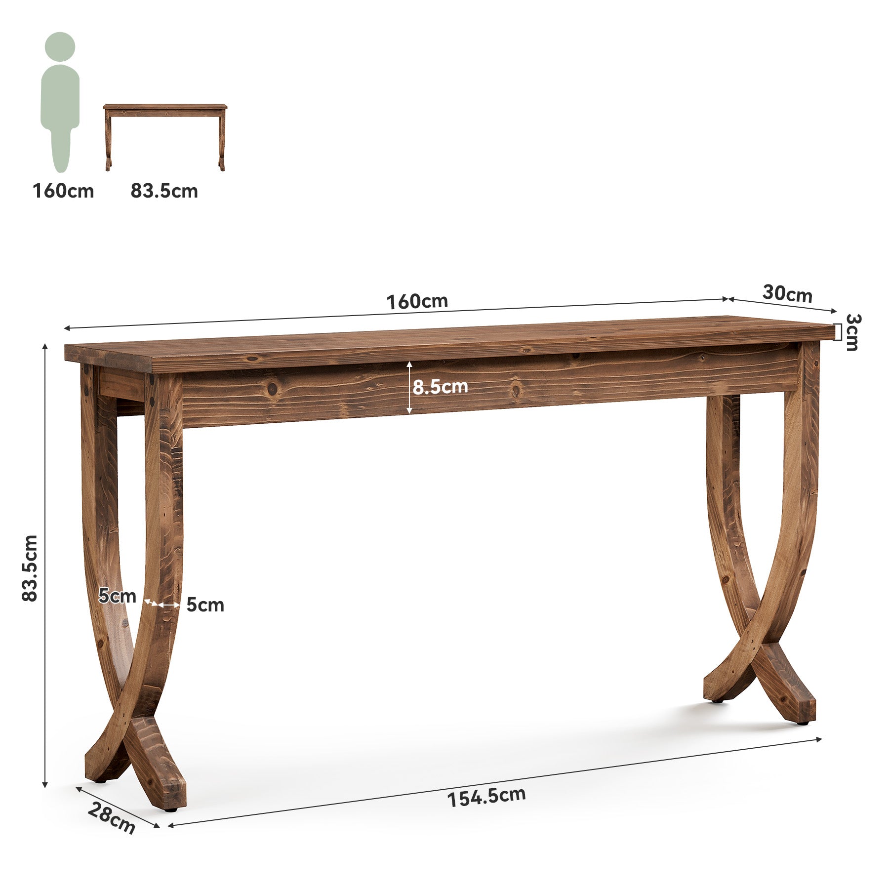 Tribesigns 160 cm Massivholz-Konsolentisch, Bauernhaus-Eingangstisch, Langer Sofatisch für Wohnzimmer, Flur, Eingang, Foyer, Braun
