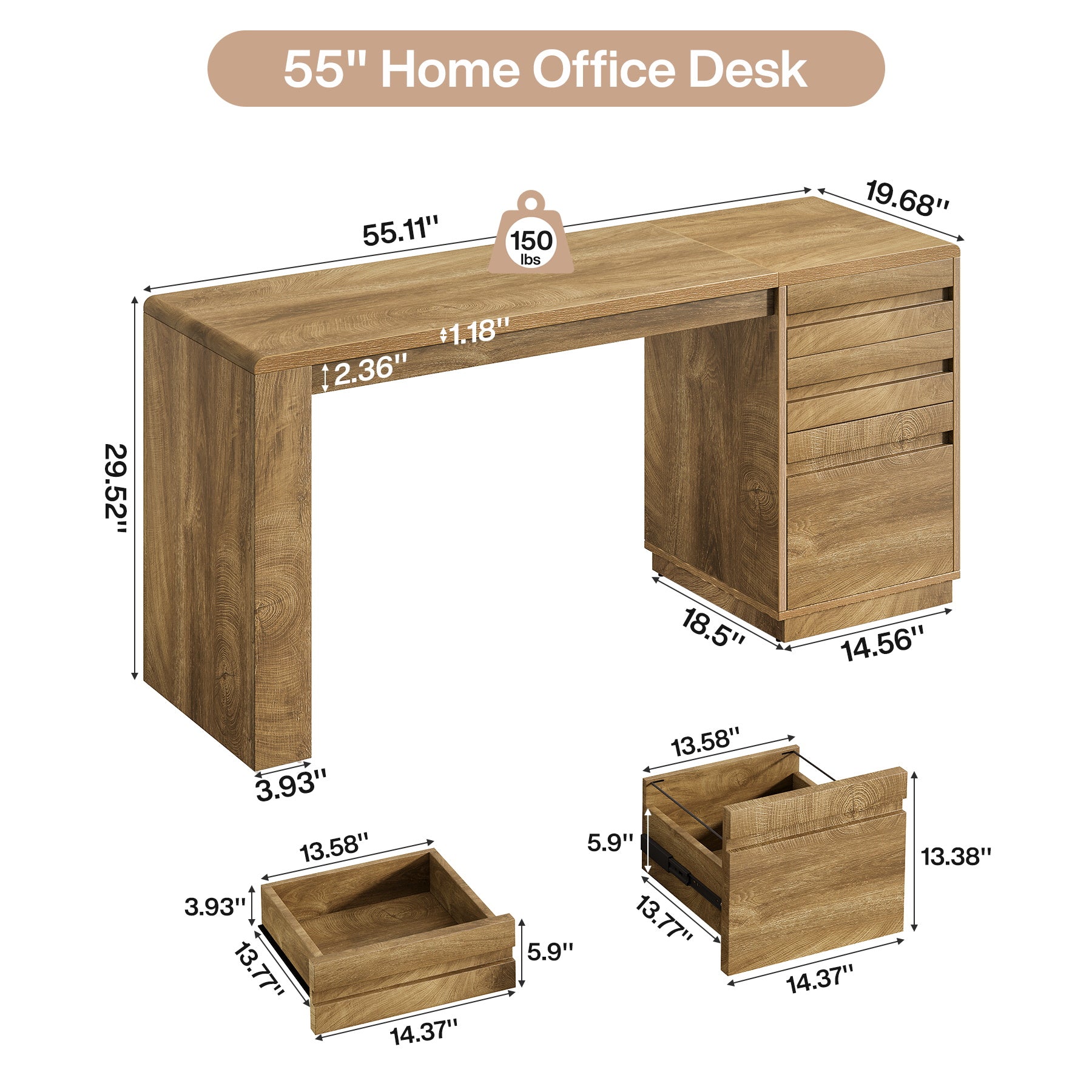 Tribesigns Schreibtisch 140 cm mit 3 Schubladen, Home-Office Schreibtisch mit verstellbarem Hängeregister-Schubladenschrank