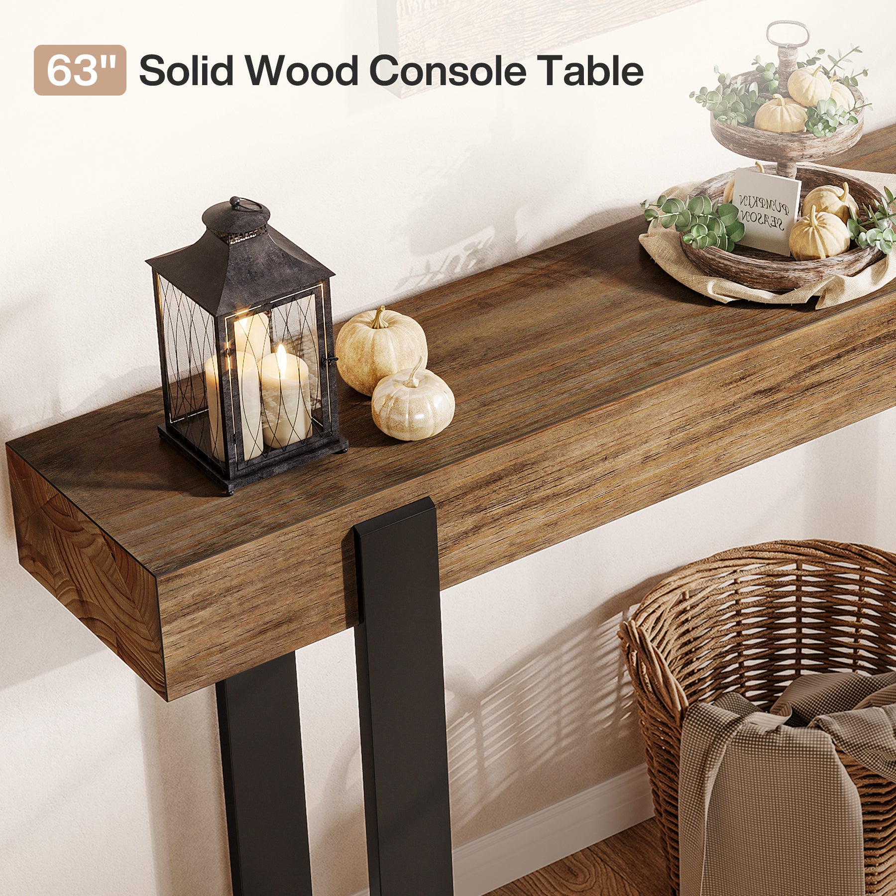 Tribesigns Schmaler Konsolentisch 160 cm, Massivholz Sofatisch mit Metallbeinen, Flurtisch im Industrial-Landhausstil