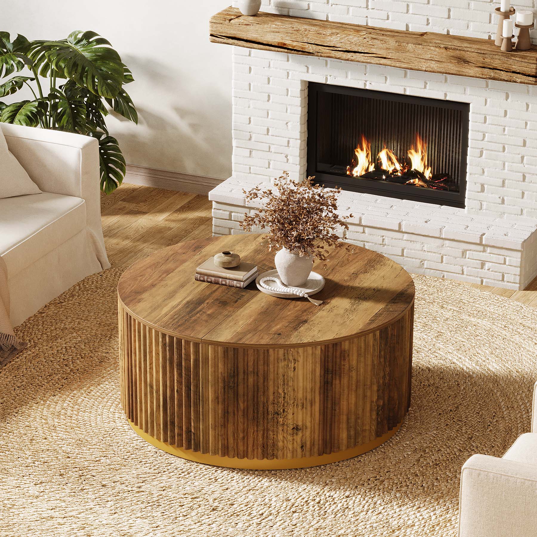 Runder Couchtisch 80 cm mit geriffeltem Design, Wohnzimmertisch mit stabiler Trommelbasis