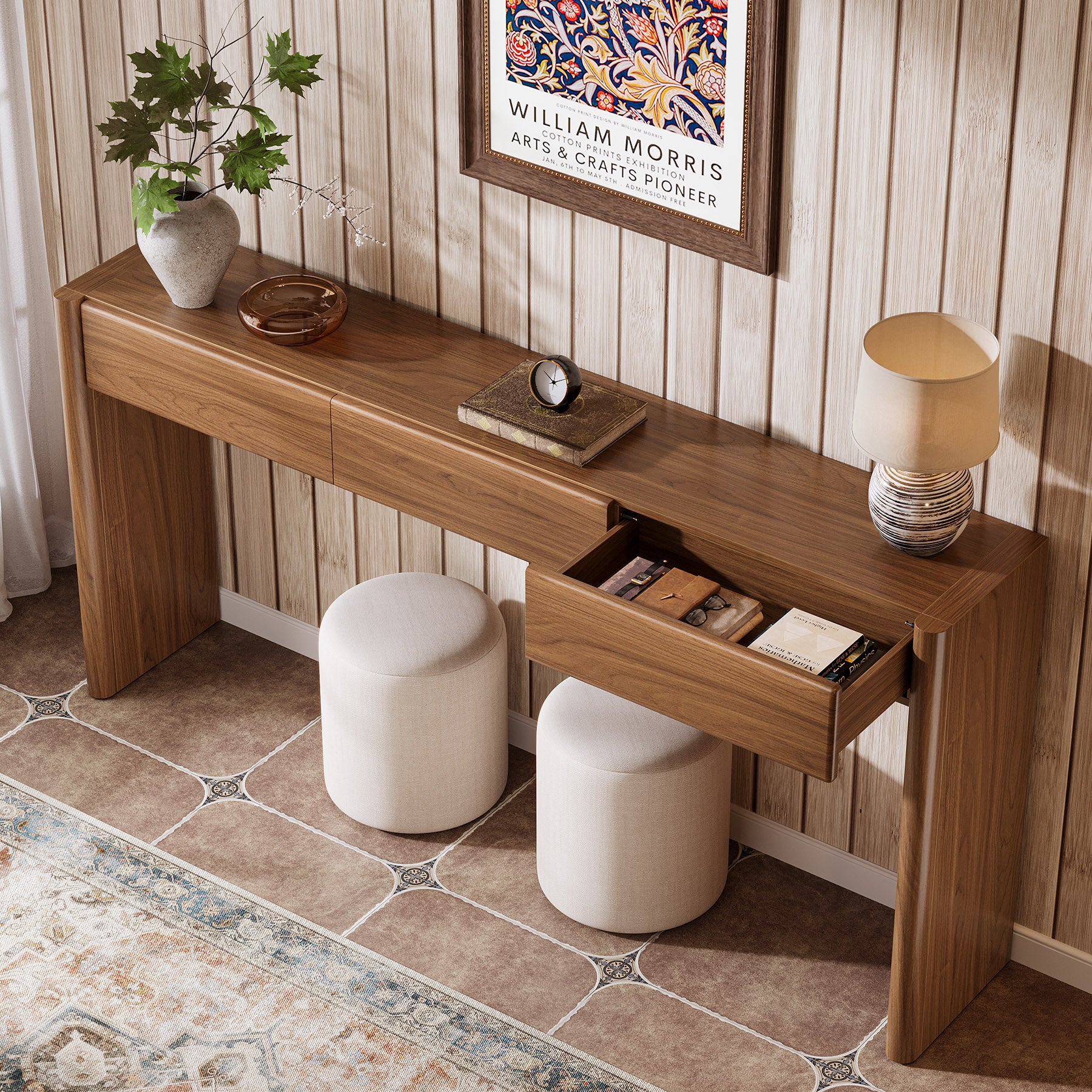 Konsolentisch 180 cm mit 3 Schubladen – Schmaler Flurtisch in Vintagebraun, Holz Sofatisch mit Ablage