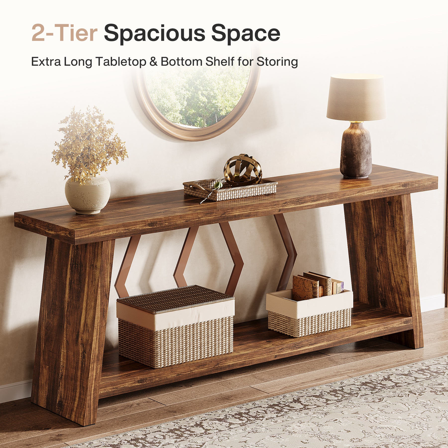 Tribesigns Extra langer Konsolentisch 180 cm mit 2 Ablagen, Schmaler Sofatisch für Wohnzimmer und Flur, Holz-Metall Design