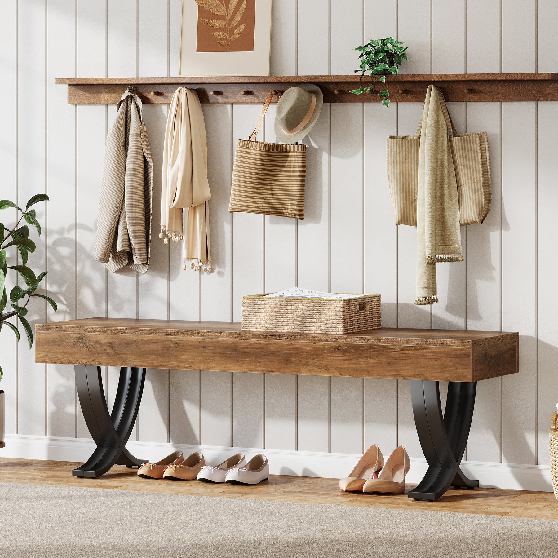 Tribesigns 140 cm Schuhbank im Industriestil, Sitzbank mit X-förmigen Metallbeinen als Fußende Bank