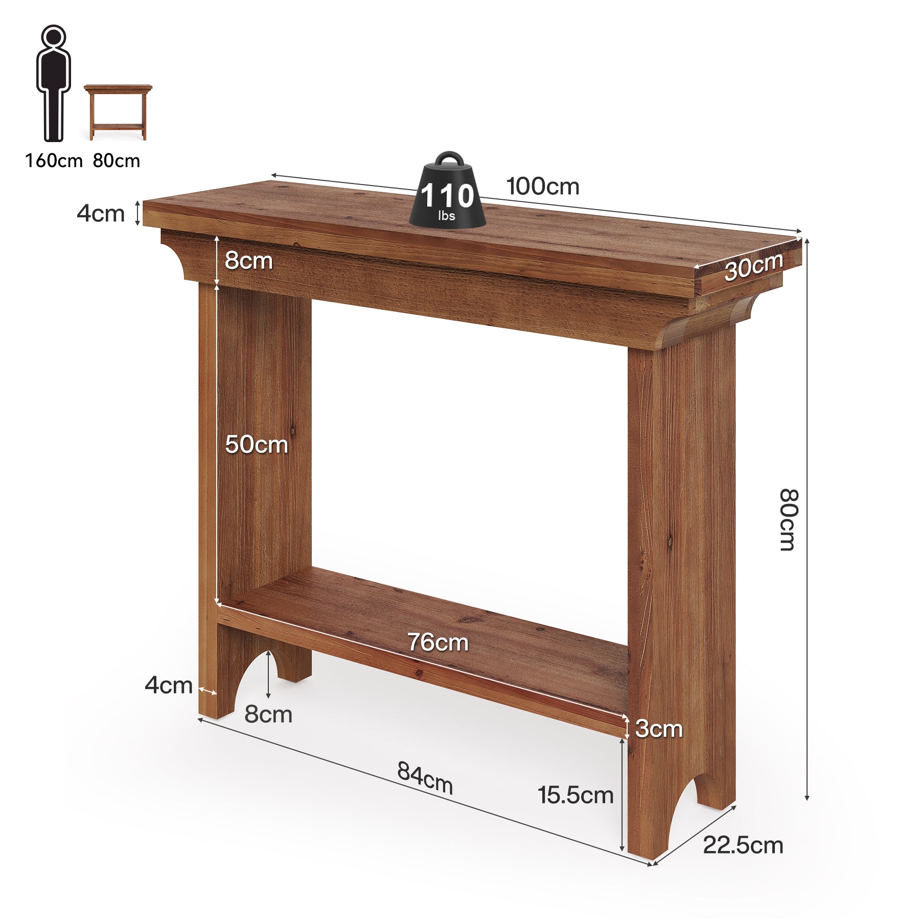 Massivholz Konsolentisch 100 cm mit unterer Ablage, schmaler Flurtisch im Landhausstil