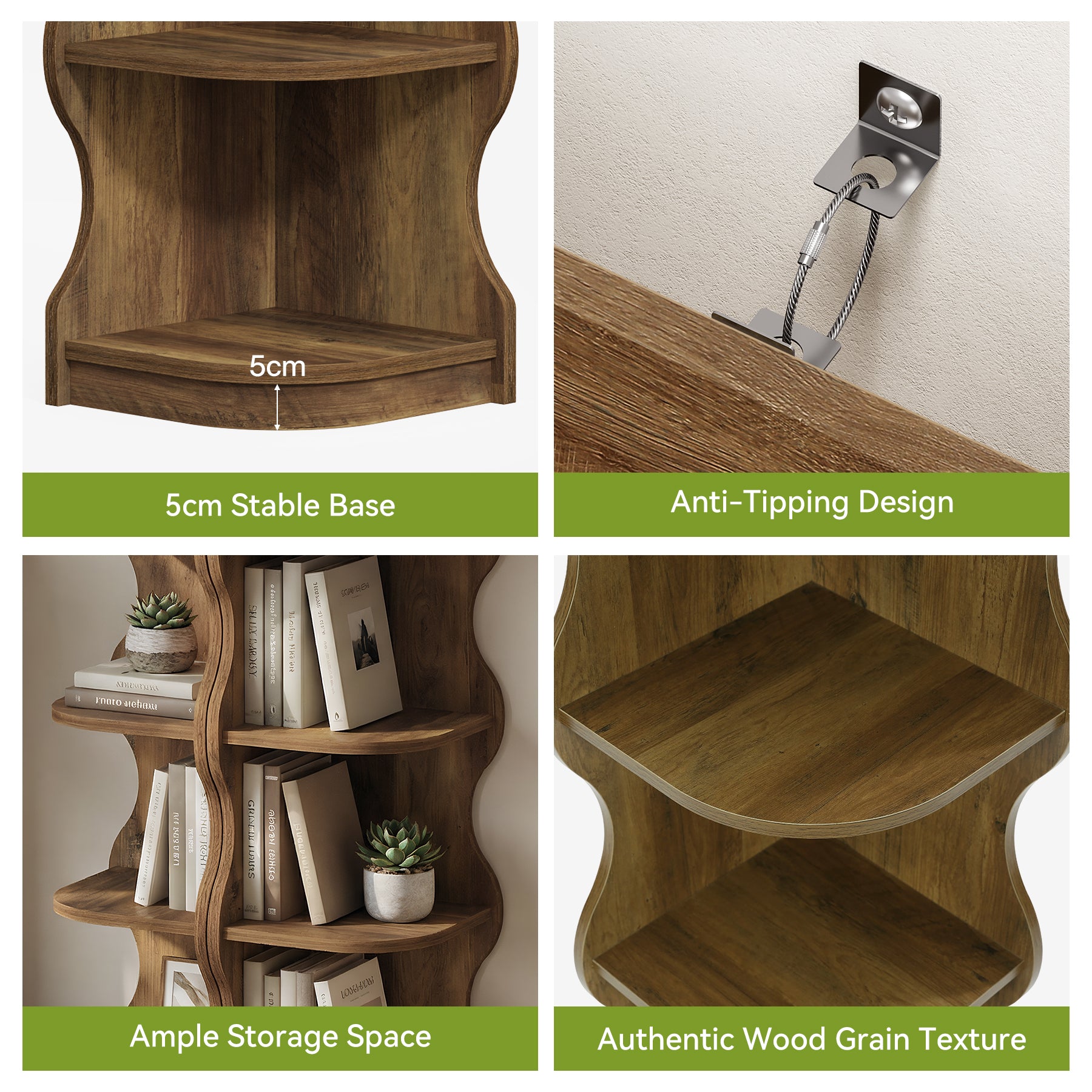 6-stufiges Eckregal 180 cm – Modernes Standregal mit geschwungenem Design, Pflanzen- & Bücherregal für Wohnzimmer