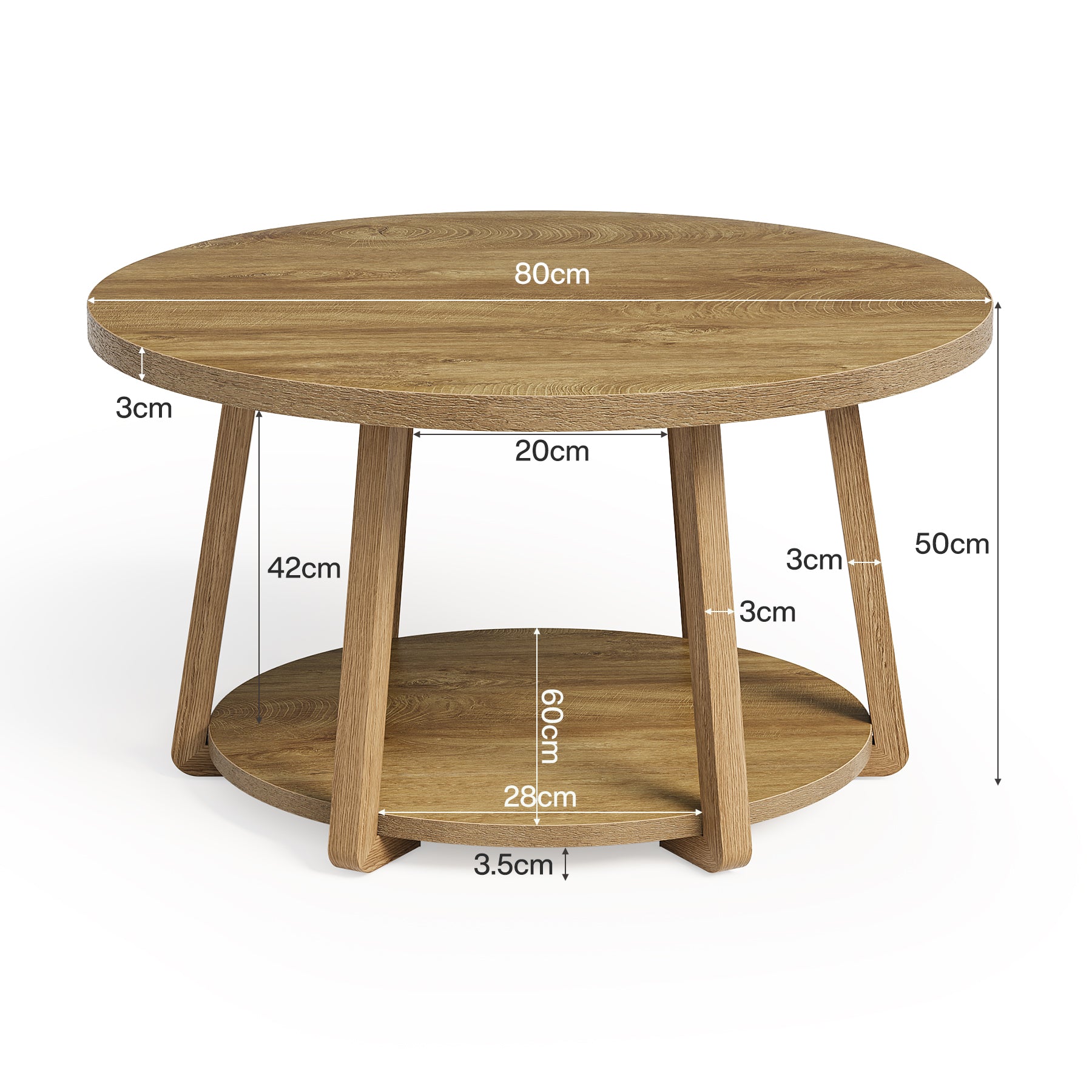 Tribesigns Runder Couchtisch 80 cm mit Ablage, 2 Ebenen Wohnzimmertisch klein mit Stauraum