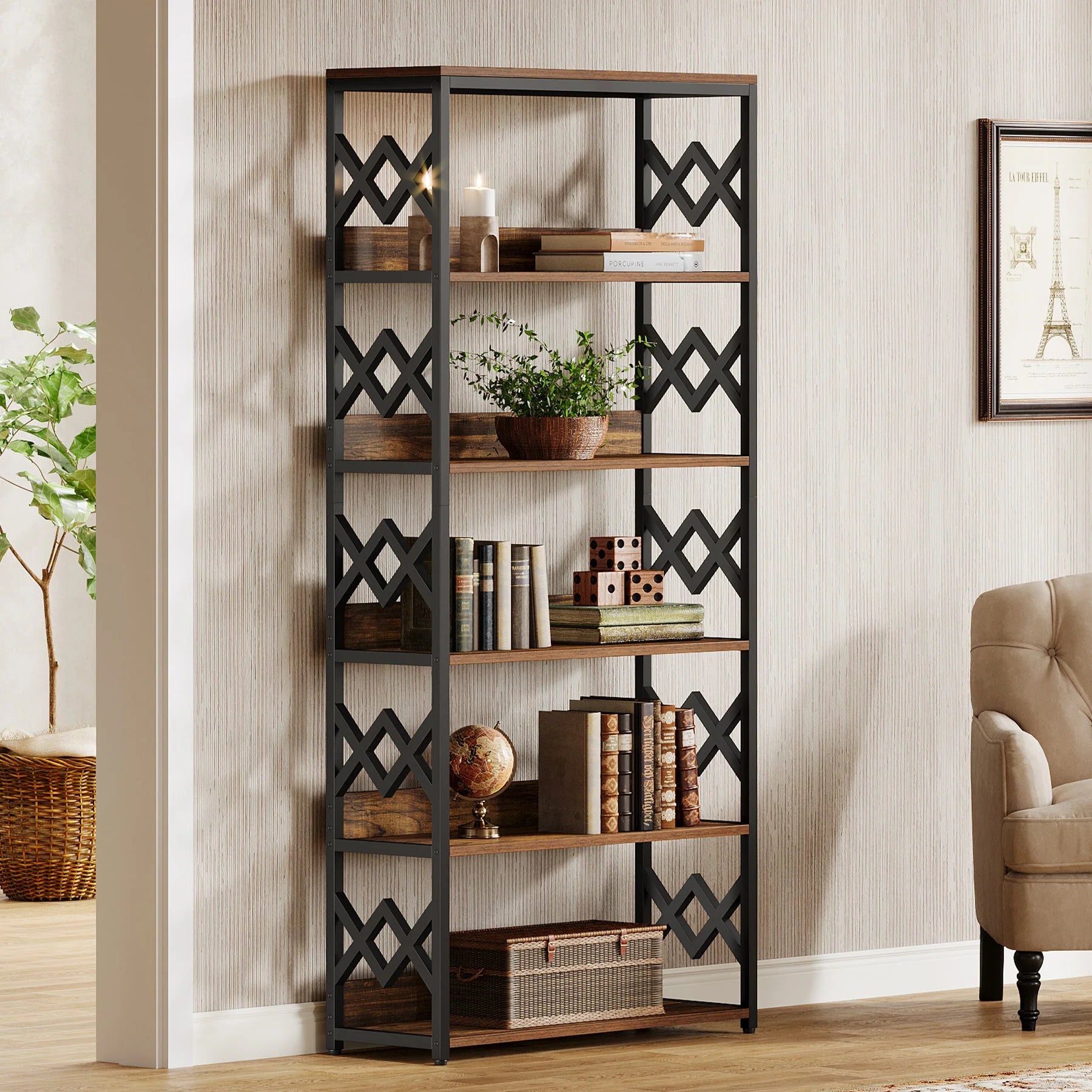 80 cm Bücherregal, 6-stufiges Vintage-Bücherregal mit offenen Regalen