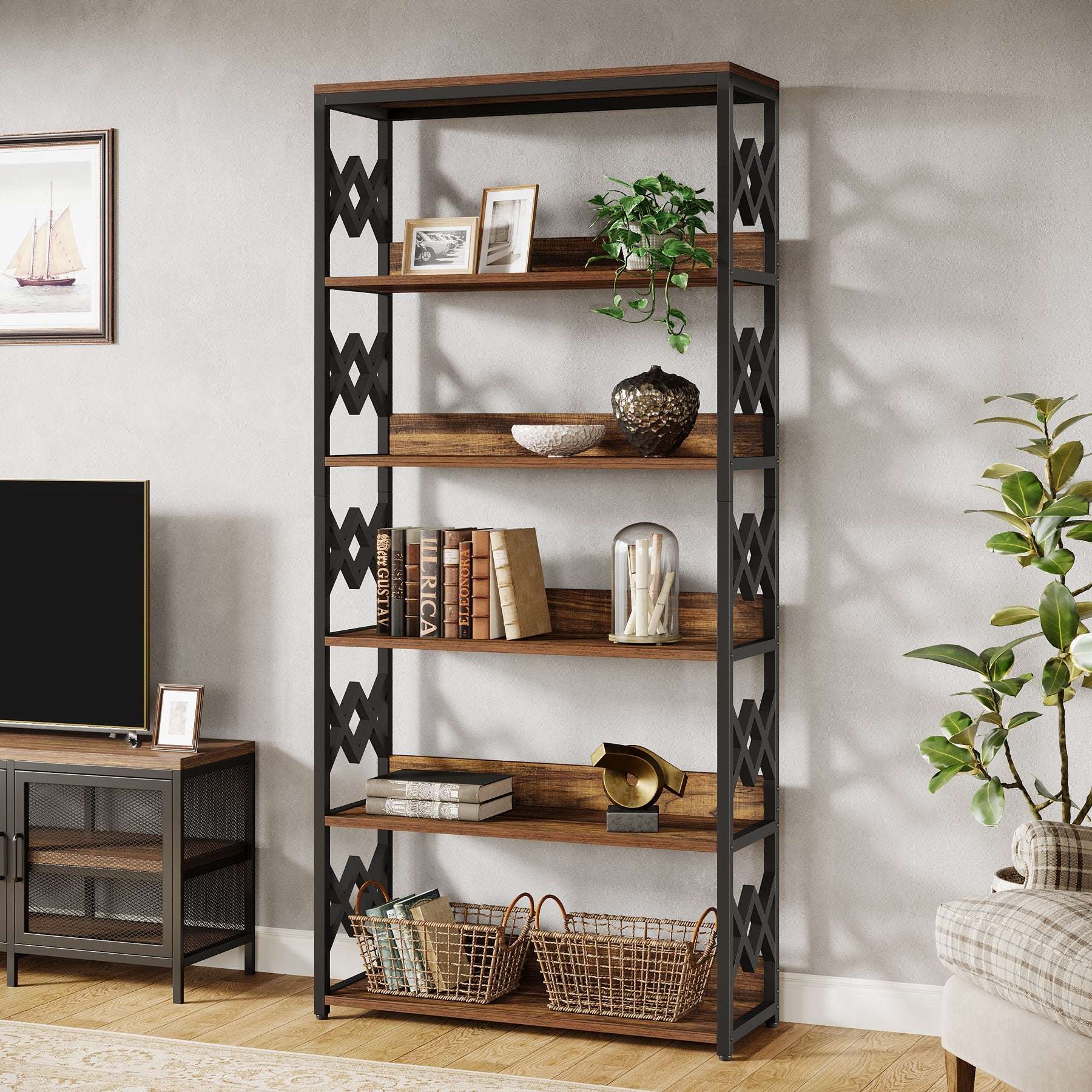 80 cm Bücherregal, 6-stufiges Vintage-Bücherregal mit offenen Regalen
