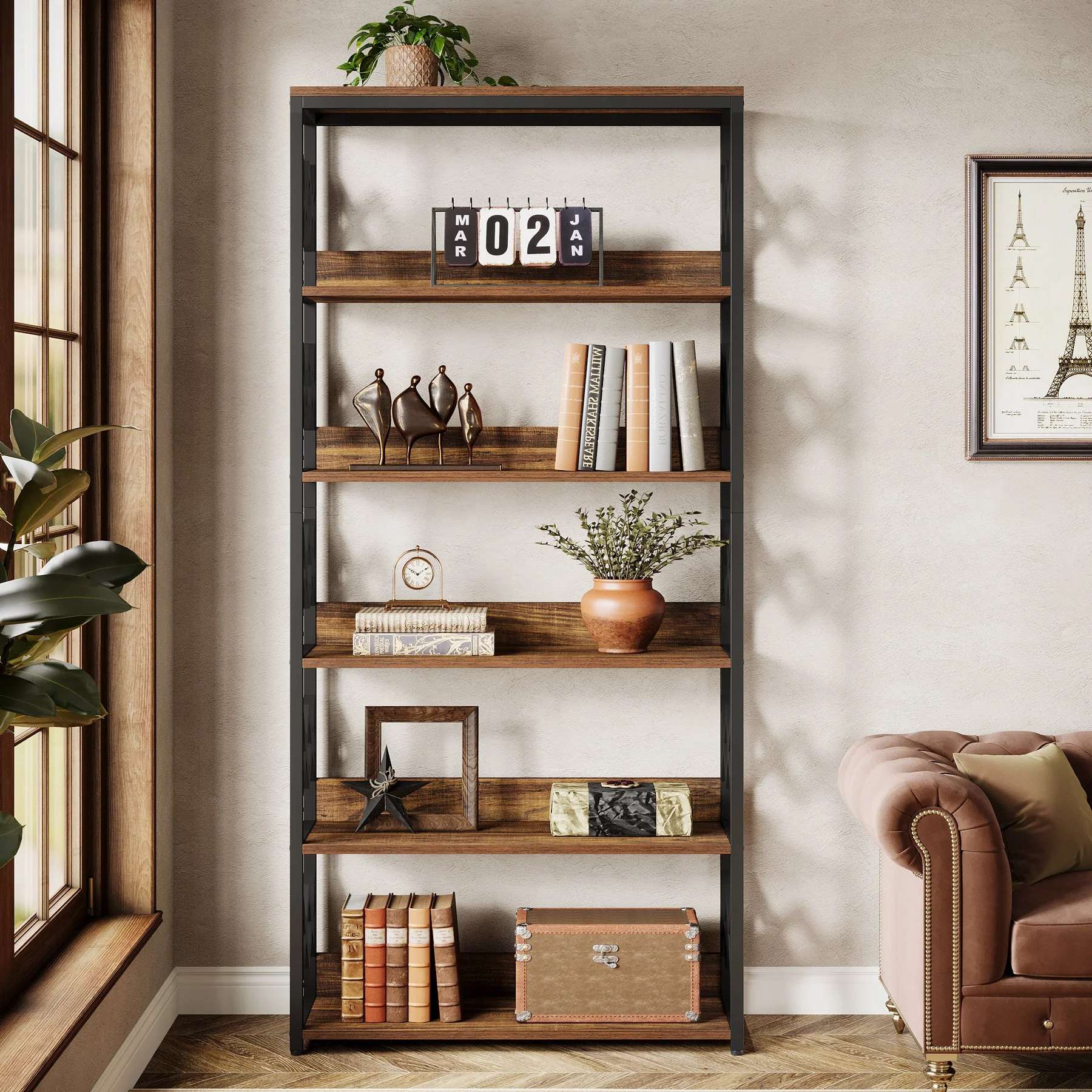 80 cm Bücherregal, 6-stufiges Vintage-Bücherregal mit offenen Regalen