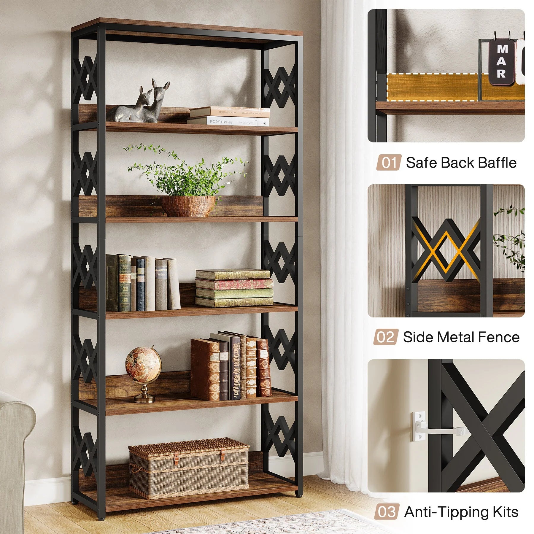 80 cm Bücherregal, 6-stufiges Vintage-Bücherregal mit offenen Regalen