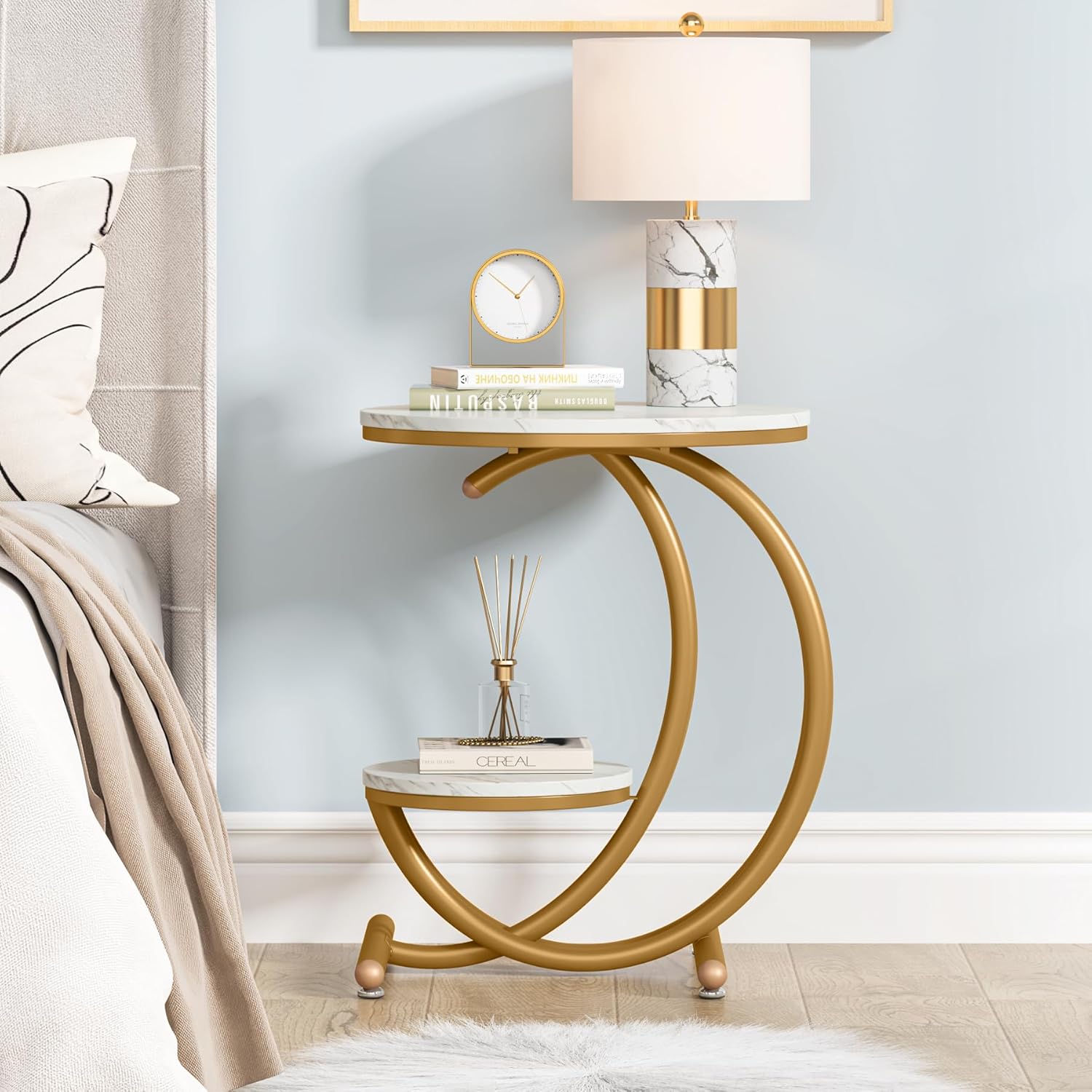 Modern Side Table - 2-stöckiger Beistelltisch mit C-förmigen Metallbeinen