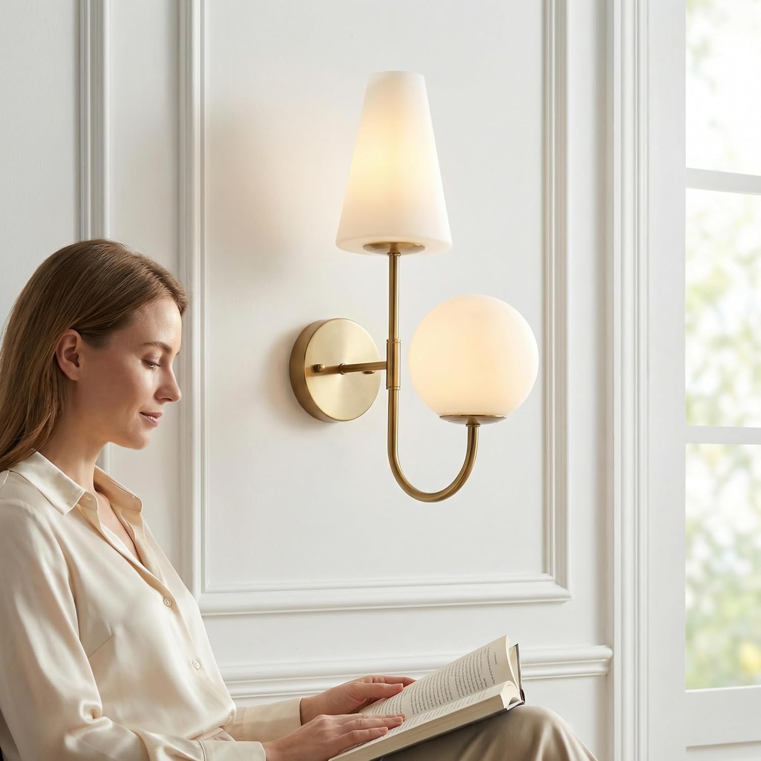 Tribesigns Goldene Wandleuchte Innen – Vintage Wandlampe mit Milchglas, 2×E14 inkl. Leuchtmittel, für Schlafzimmer & Flur