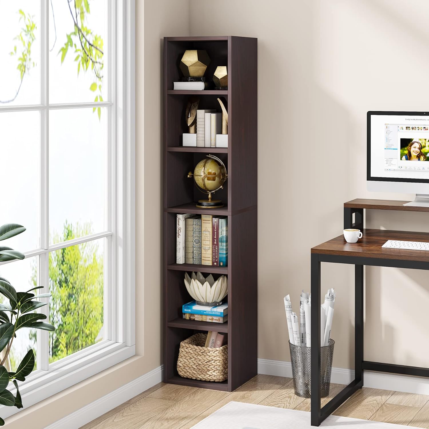 schmales Bücherregal, Eckbücherregal mit Stauraum, 6 Etagen