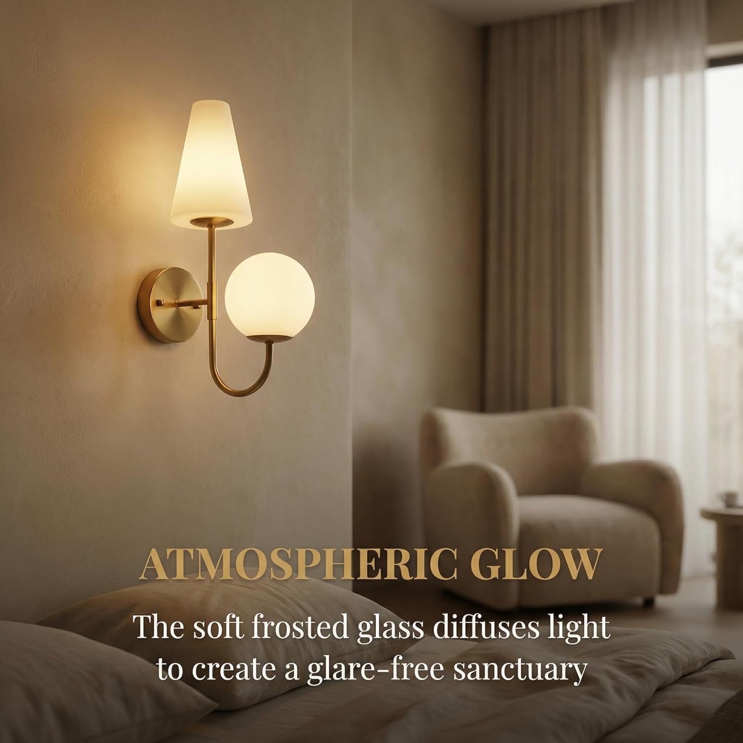 Tribesigns Goldene Wandleuchte Innen – Vintage Wandlampe mit Milchglas, 2×E14 inkl. Leuchtmittel, für Schlafzimmer & Flur