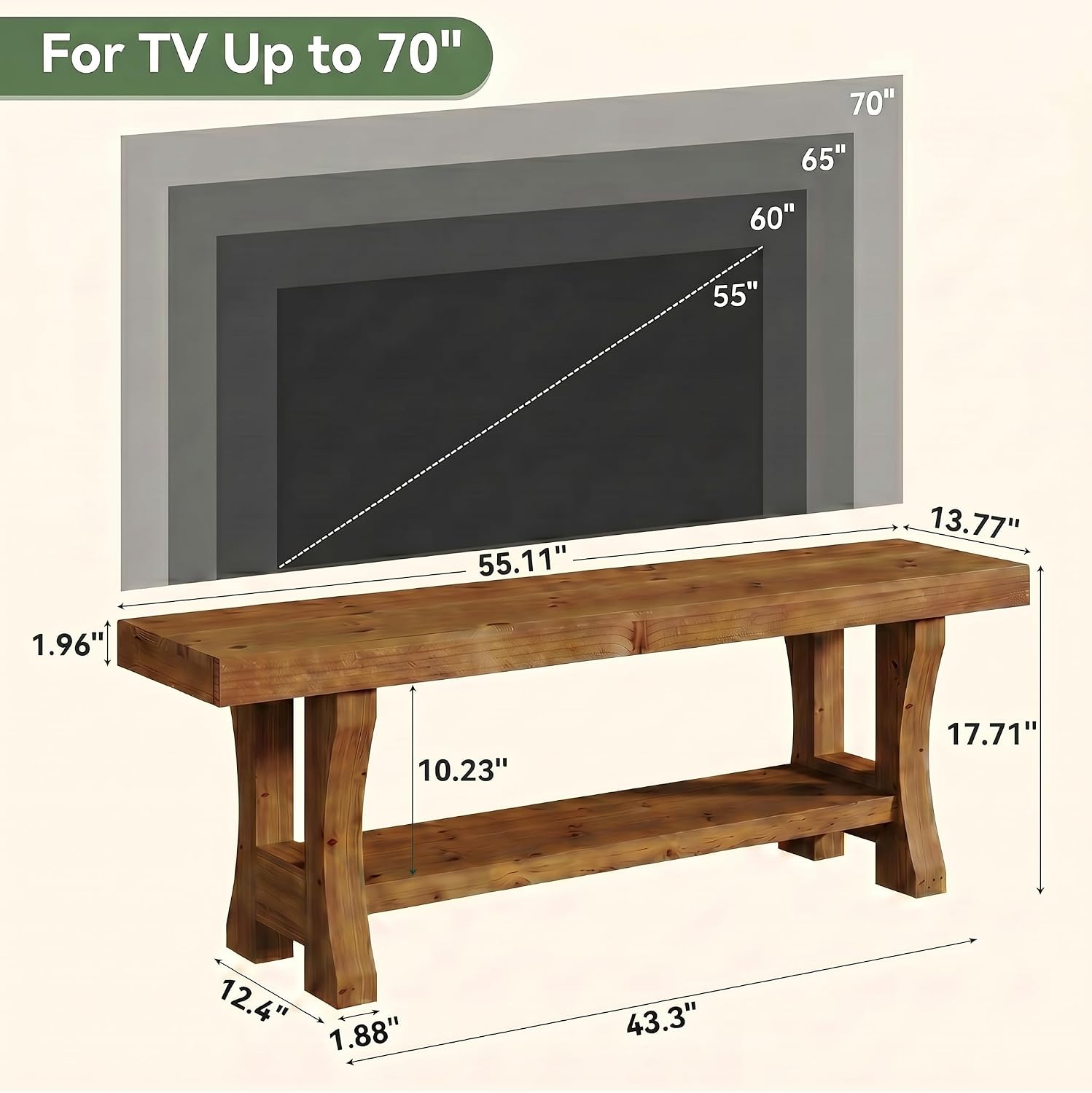 Tribesigns TV Lowboard aus Massivholz 140 cm mit 2 Ebenen & offenen Fächern, Medienkonsole bis 70 Zoll Fernseher