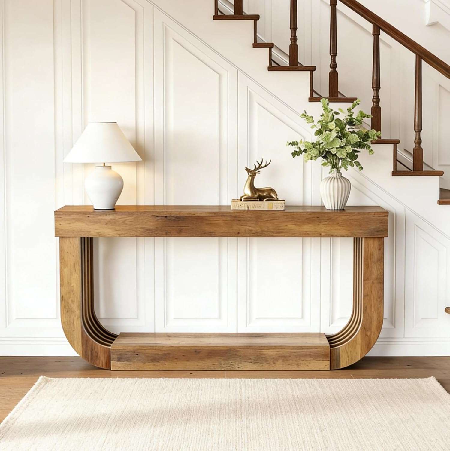 Konsolentisch 180 cm extra lang, schmaler 2-stufige Holzkonsole mit stabilem U-Gestell