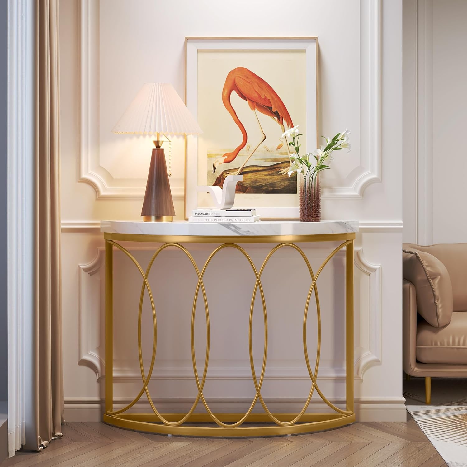 Gold Konsolentisch - Beistelltisch mit Metallgestell und Halbmond-Design