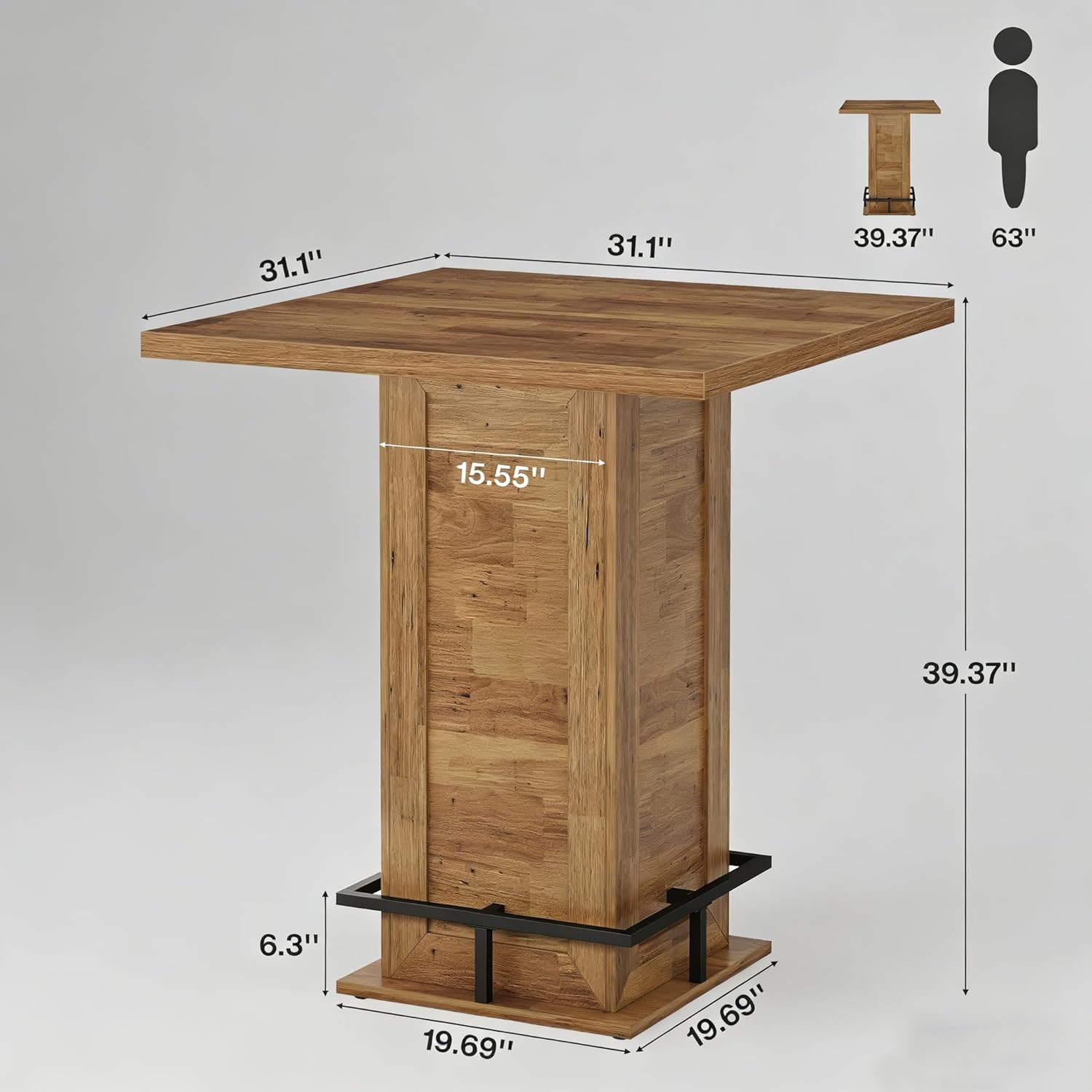 Tribesigns Quadratischer Bartisch 100 cm, Stehtisch mit Fußablage, kompakter Küchentisch im Industrial-Design
