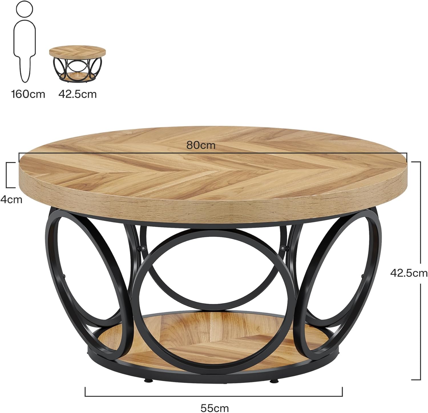 80 cm Runder Holztisch，2-Ebenen Lagerung, Moderne Einfache Braune Teetisch