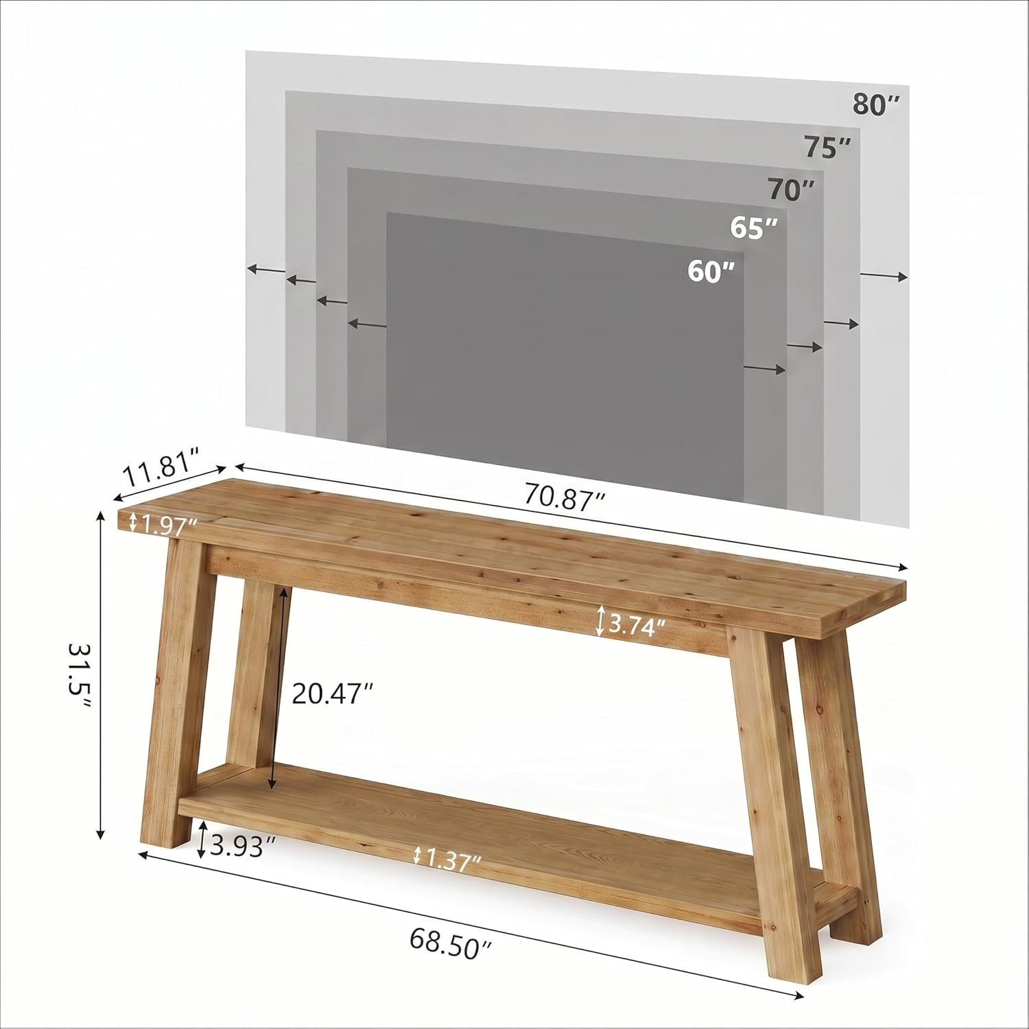 Tribesigns Massivholz TV Lowboard 180 cm für 65–80 Zoll Fernseher, Medienkonsole im Landhausstil mit offenen Ablagefächern