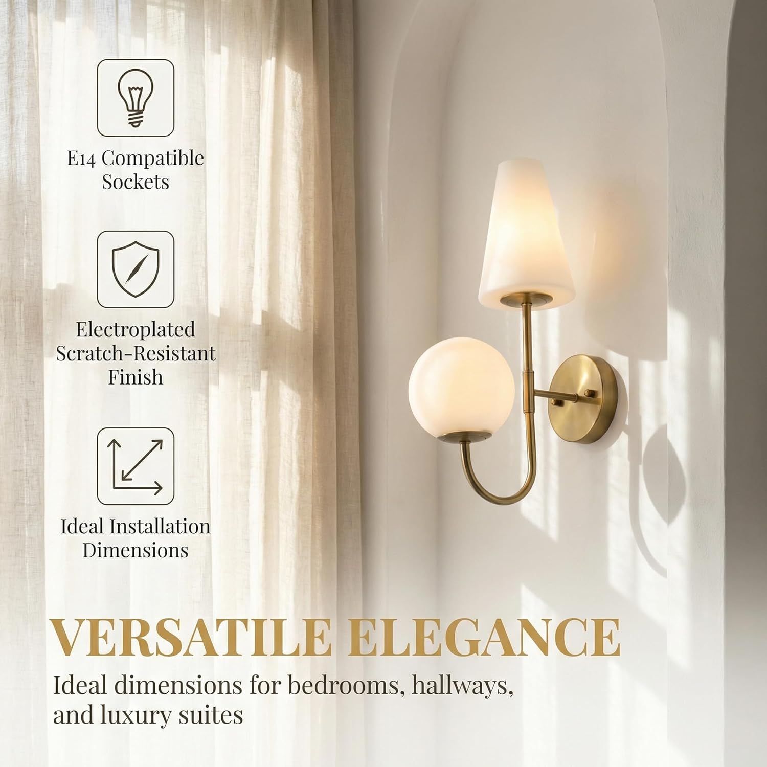 Tribesigns Goldene Wandleuchte Innen – Vintage Wandlampe mit Milchglas, 2×E14 inkl. Leuchtmittel, für Schlafzimmer & Flur