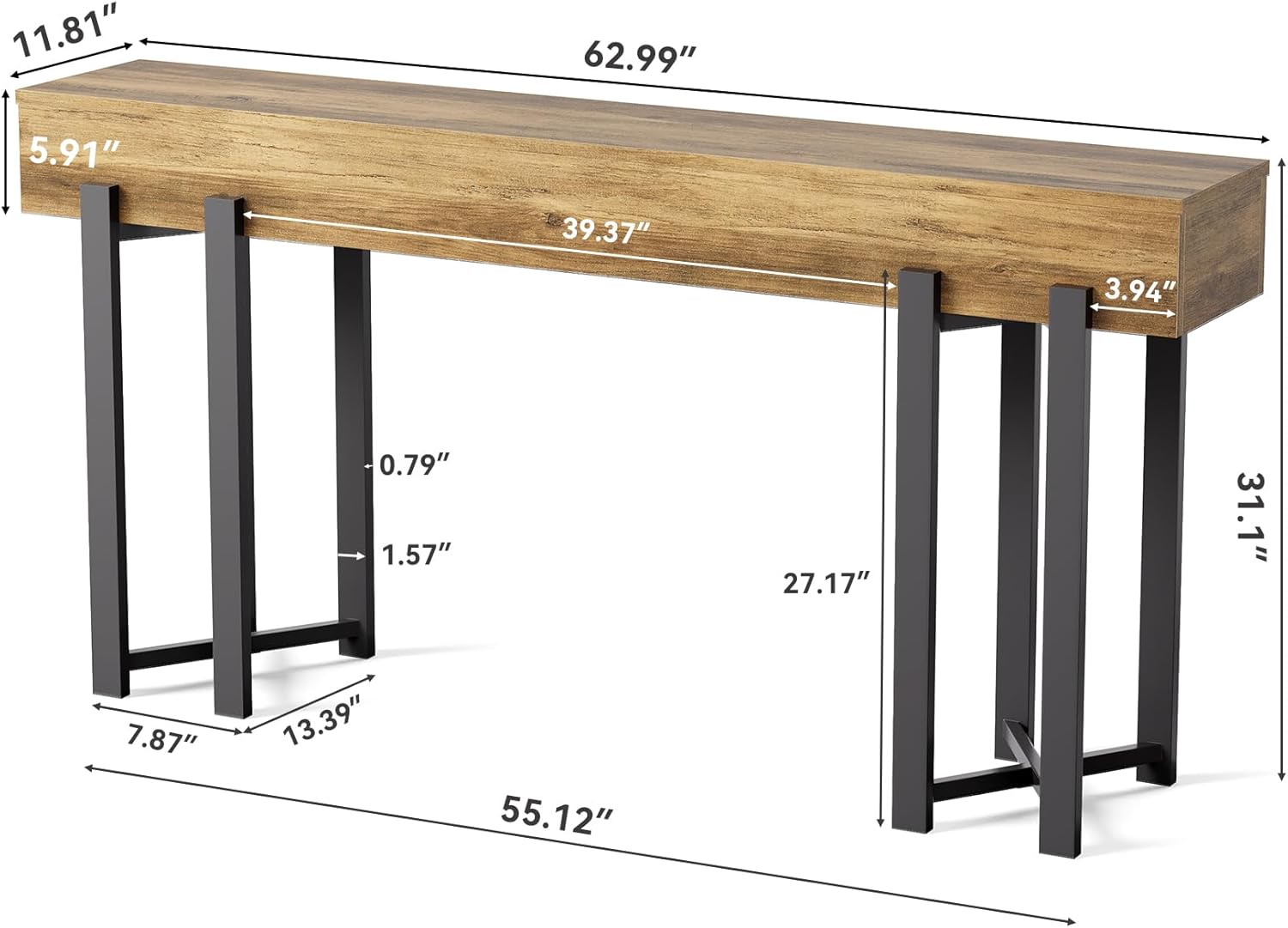 Robuster Landhaus Konsolentisch, 160 cm schmal mit Metallgestell für Flur und Home-Office
