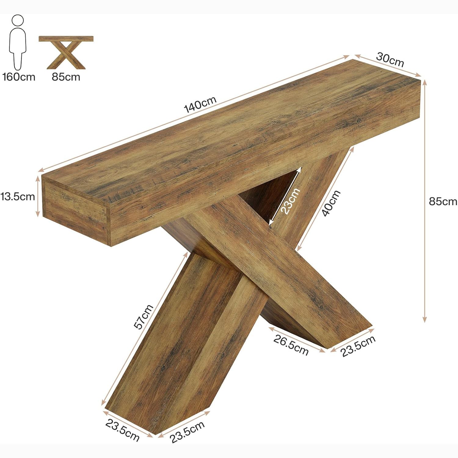 140 cm Industrielle X-Konsole - Schmaler Couchtisch in Rustikal Braun für Flur & Wohnzimmer