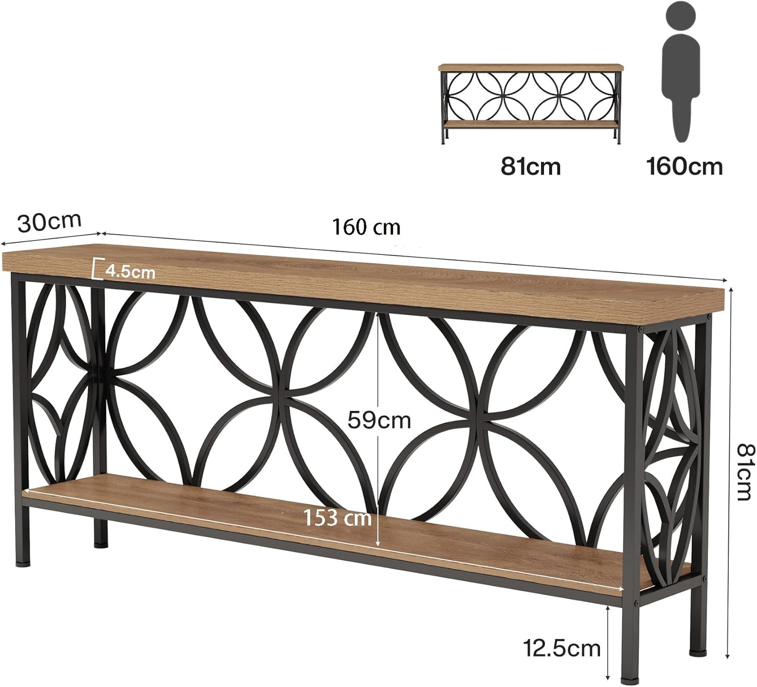 2-stufiger Konsolentisch, 160 cm Industrieller Sofatisch hinter der Couch