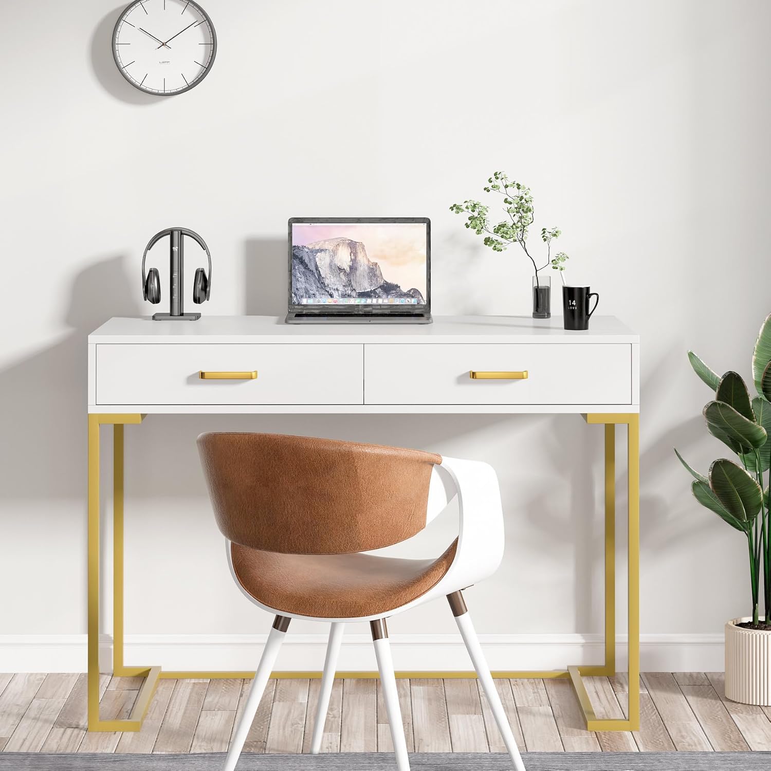 Moderner weiß-goldener Computertisch mit 2 Schubladen für Homeoffice