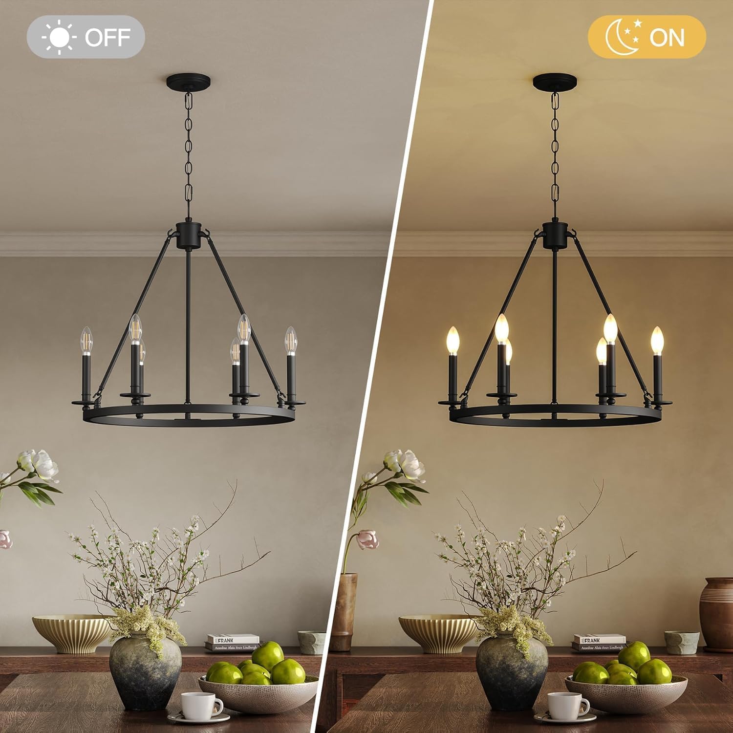 Tribesigns 6-flammiger Wagenrad Kronleuchter Schwarz im Vintage Industrial Stil, E14 Deckenlampe für Wohnzimmer & Esszimmer