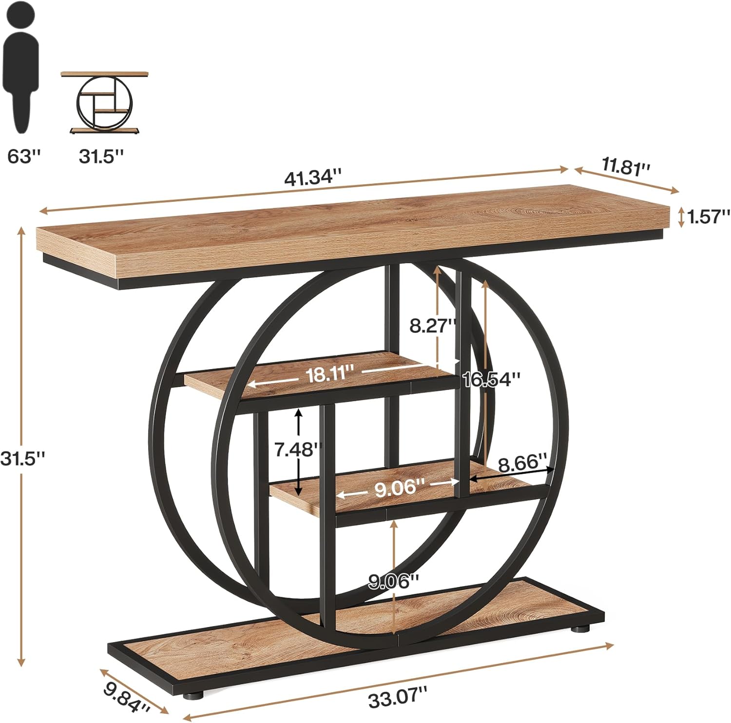 105cm Konsolentisch, industrieller 4-stöckiger Sofatisch, Eingangstisch mit rundem Fuß