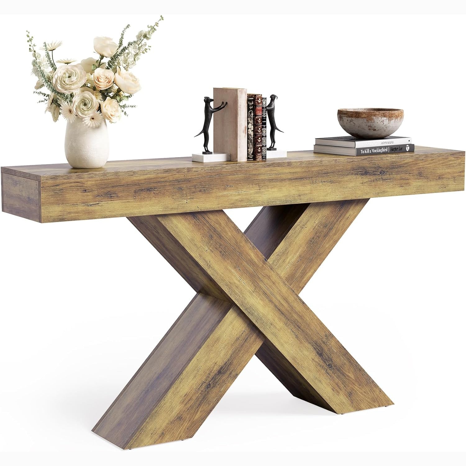 140 cm Industrielle X-Konsole - Schmaler Couchtisch in Rustikal Braun für Flur & Wohnzimmer