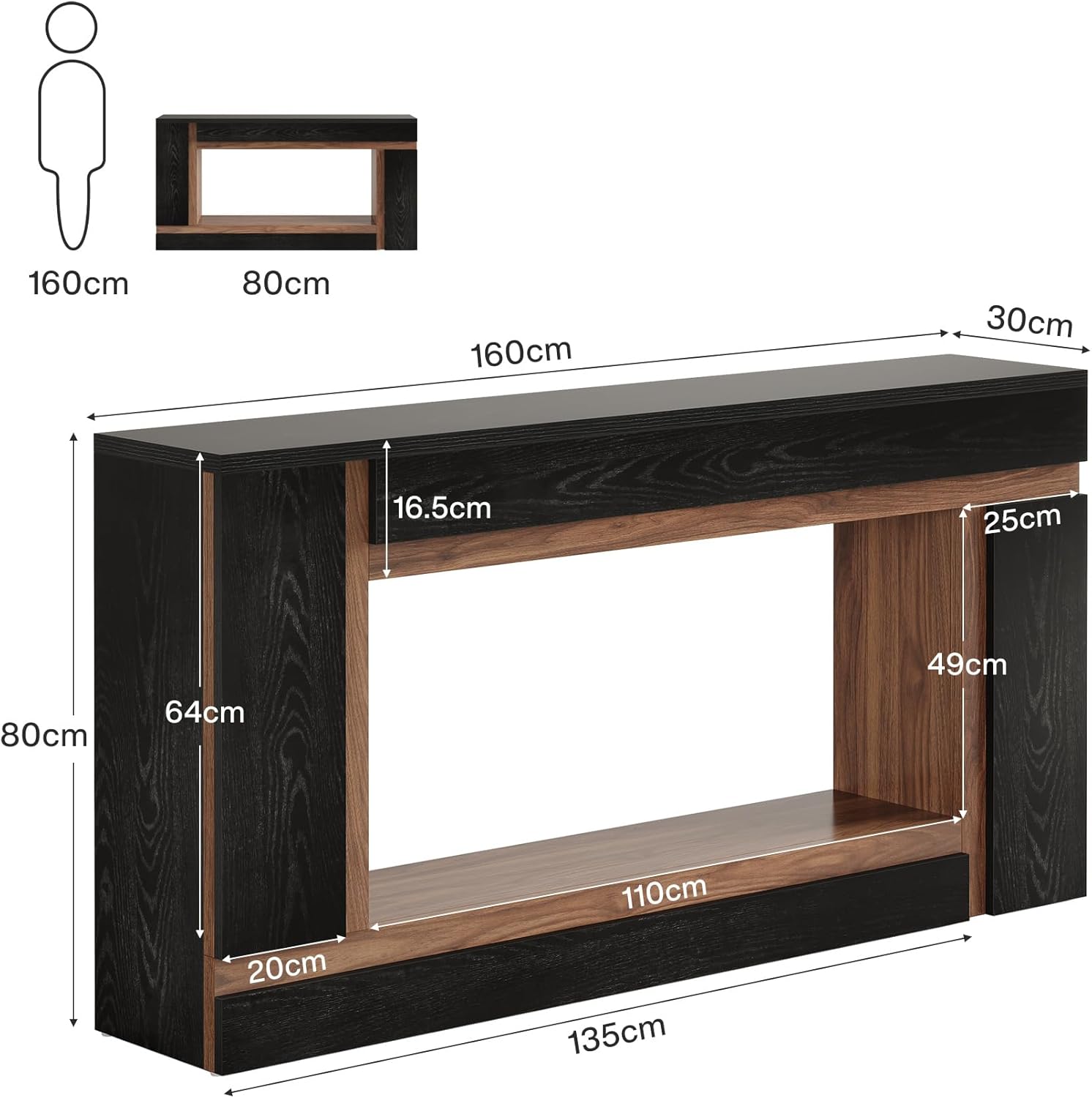 160 cm langer schwarz-brauner Konsolentisch, Geometrischer Kontrolltisch im modernen Design