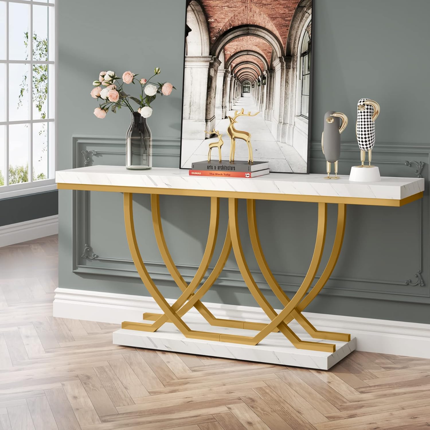 Moderner weiß-goldener Konsolentisch mit goldenen Metallbeinen, Kunstmarmor, schmal