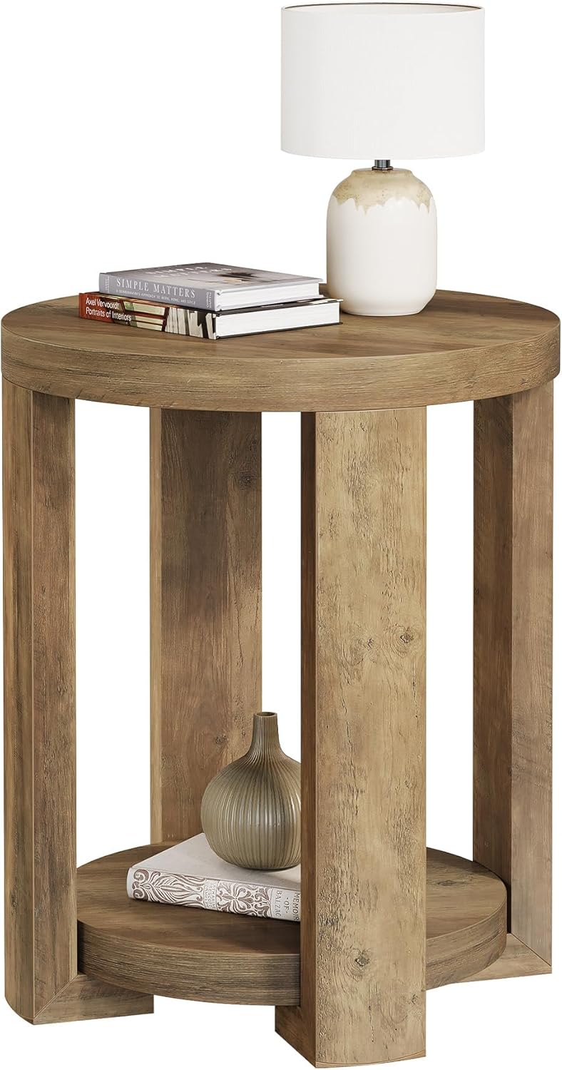 Tribesigns Runder Beistelltisch 50 cm mit Stauraum, Moderner Nachttisch im Landhausstil, 2 Ebenen Sofatisch in Braun