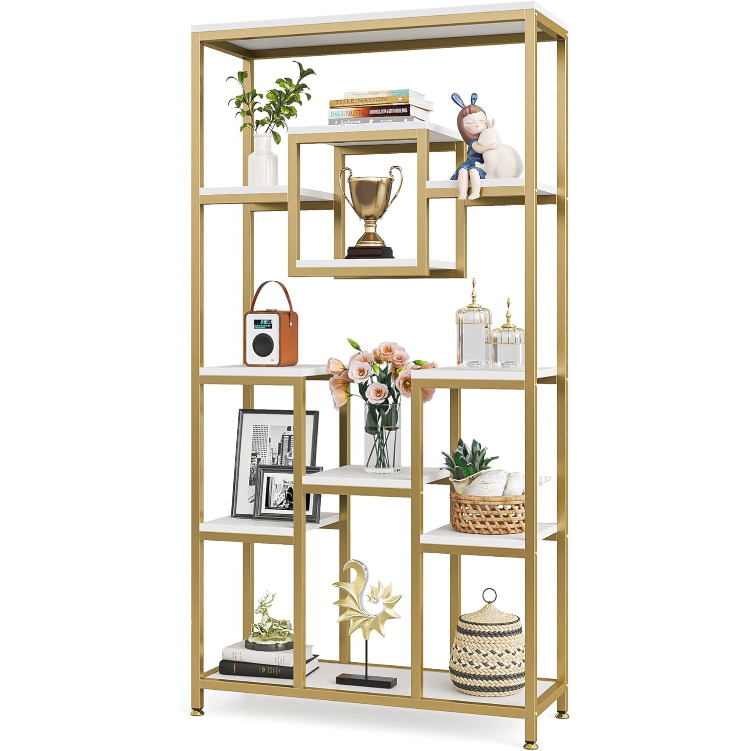 Goldenes Bücherregal - Modernes freistehendes Bücherregal mit 11 offenen Regalen