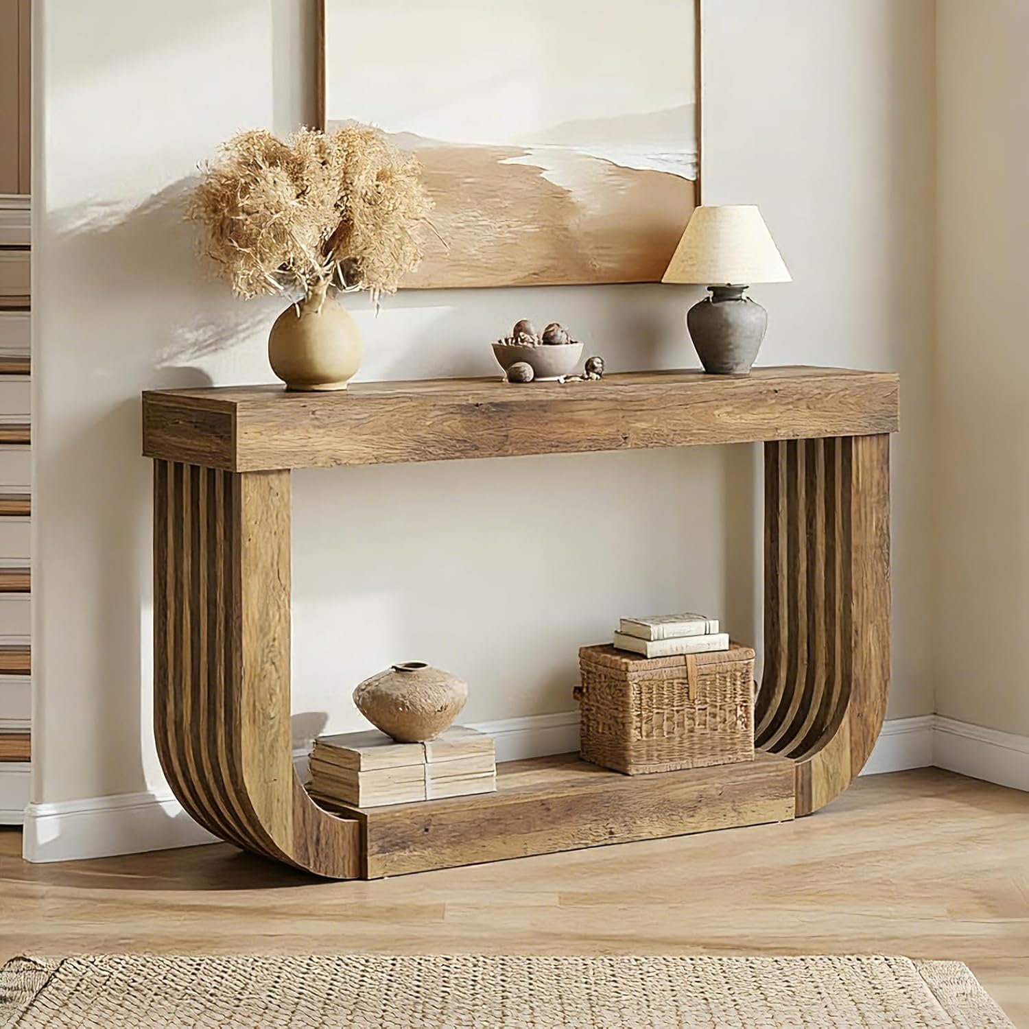 Konsolentisch 180 cm extra lang, schmaler 2-stufige Holzkonsole mit stabilem U-Gestell