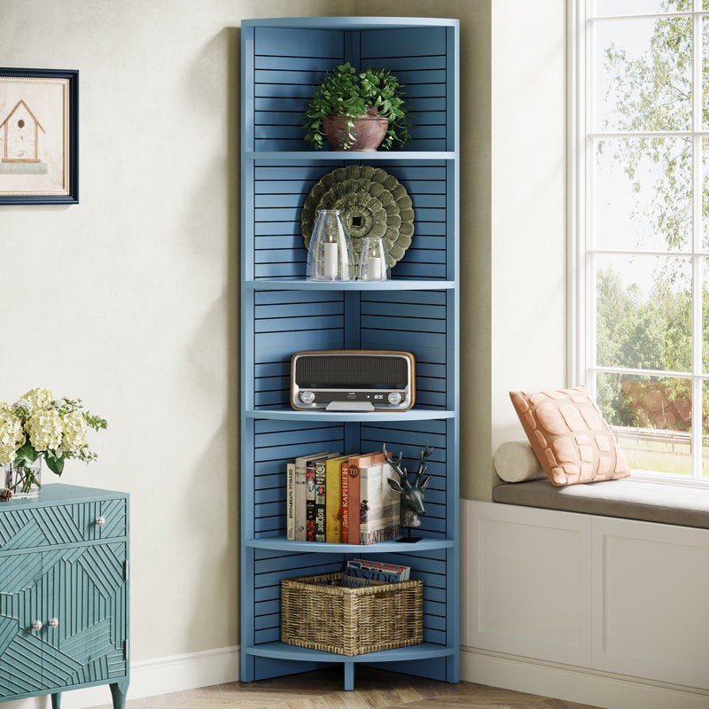 Eckregal mit 5 Ebenen, 180cm hohes, modernes, schmales Eckbücherregal aus Holz
