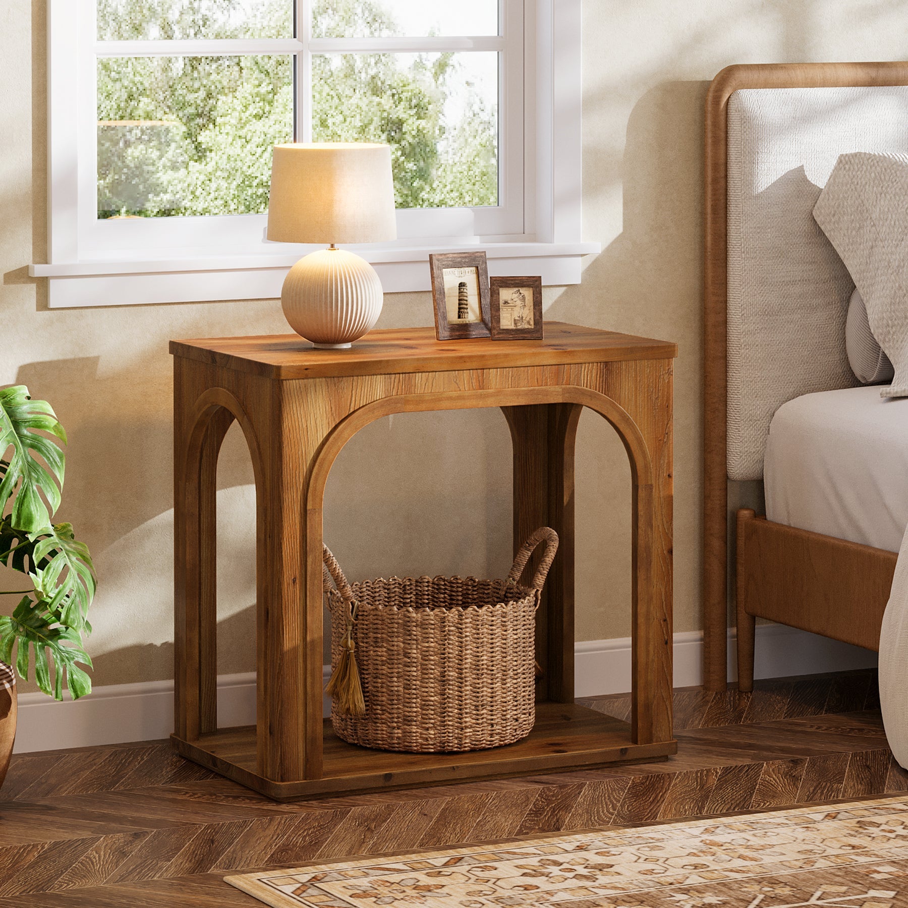 Tribesigns Massivholz Beistelltisch mit Ablage, 2-stufiger Nachttisch im Landhausstil mit Bogendesign