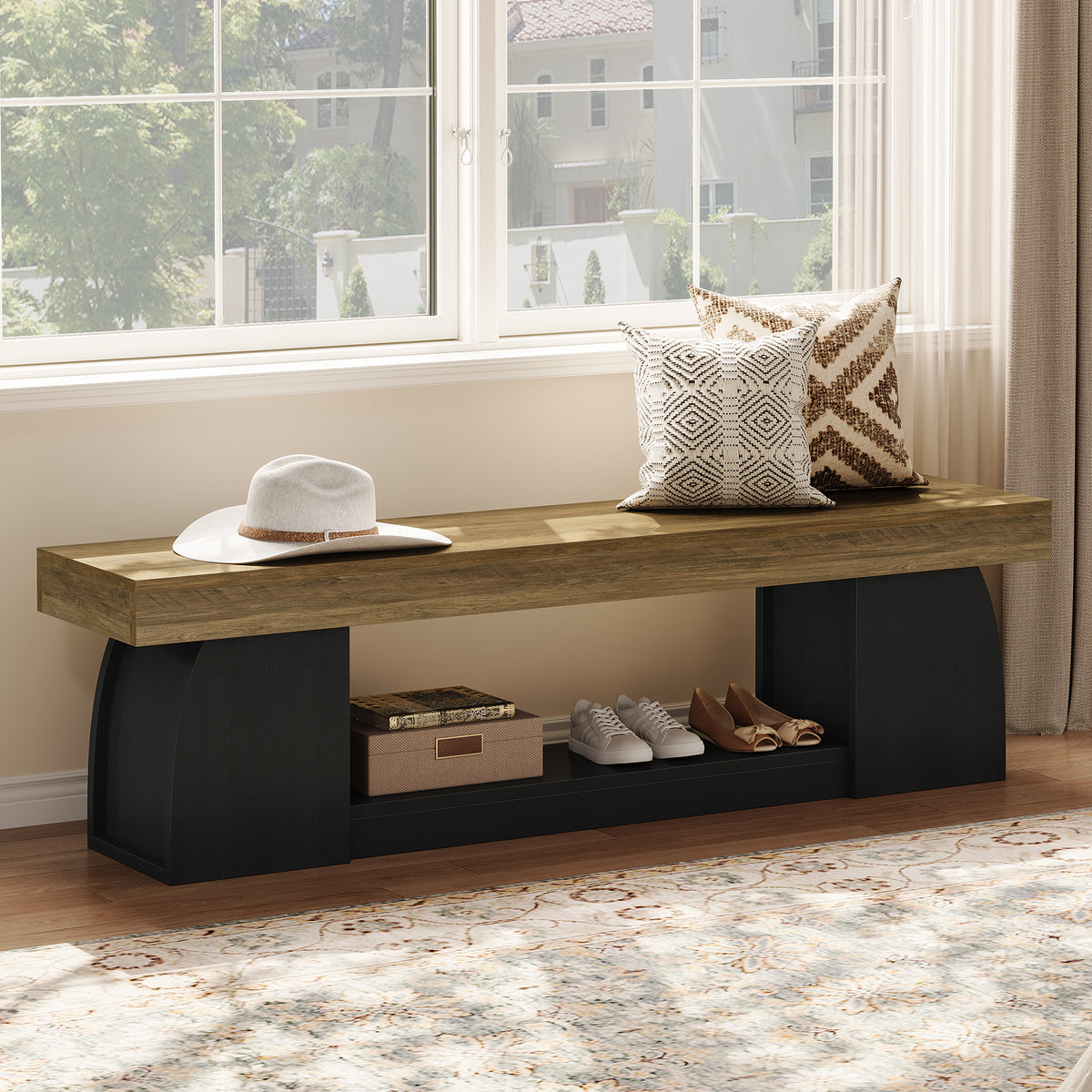Tribesigns Sitzbank 160 cm mit Schuhablage, Holzoptik und schwarzen Beinen im Landhausstil