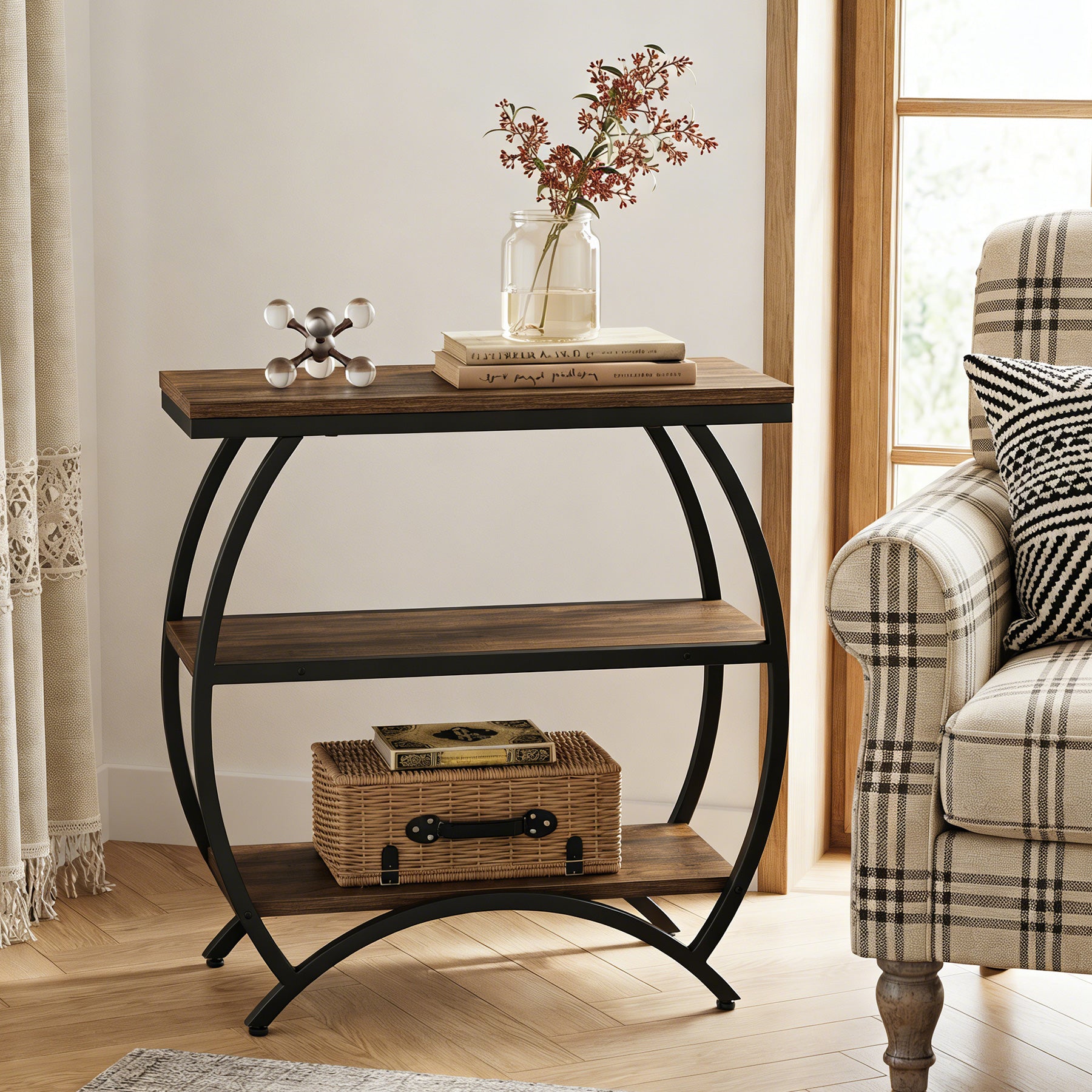 Schmaler Beistelltisch 3 Ebenen, Industrial Nachttisch mit Metallrahmen, Sofatisch für kleine Räume