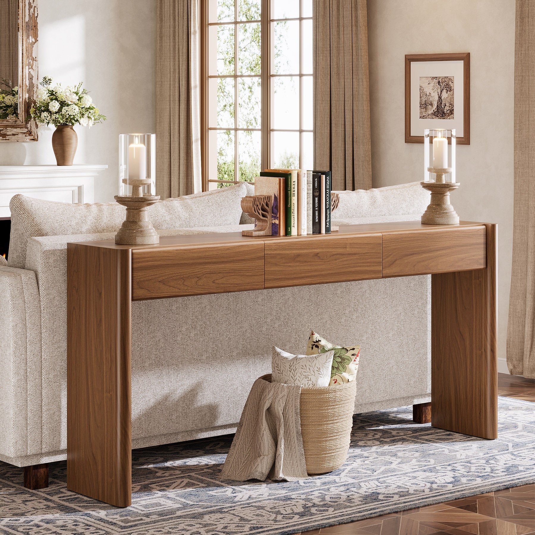 Konsolentisch 180 cm mit 3 Schubladen – Schmaler Flurtisch in Vintagebraun, Holz Sofatisch mit Ablage